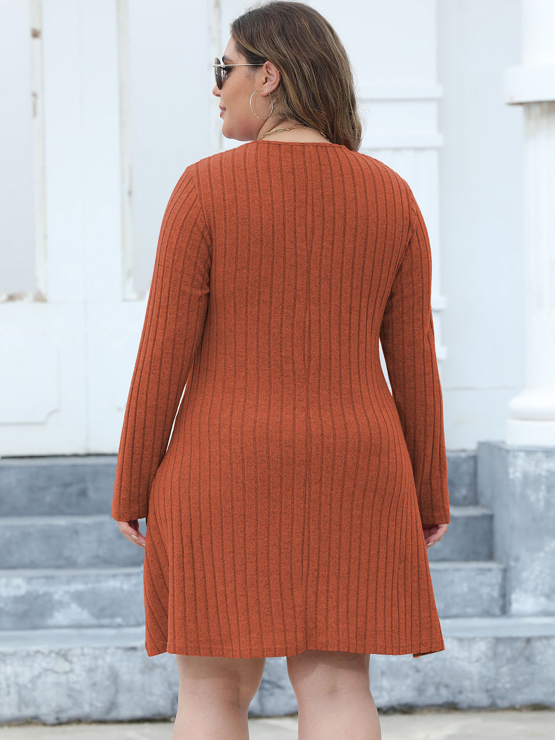Plus Size Ribbed Buttoned V-Neck Long Sleeve Dress - The Goddess Galleries