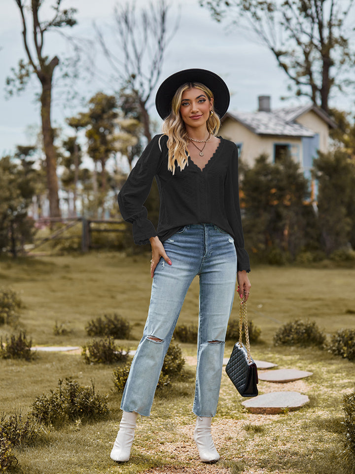 V-Neck Flounce Sleeve Blouse - The Goddess Galleries