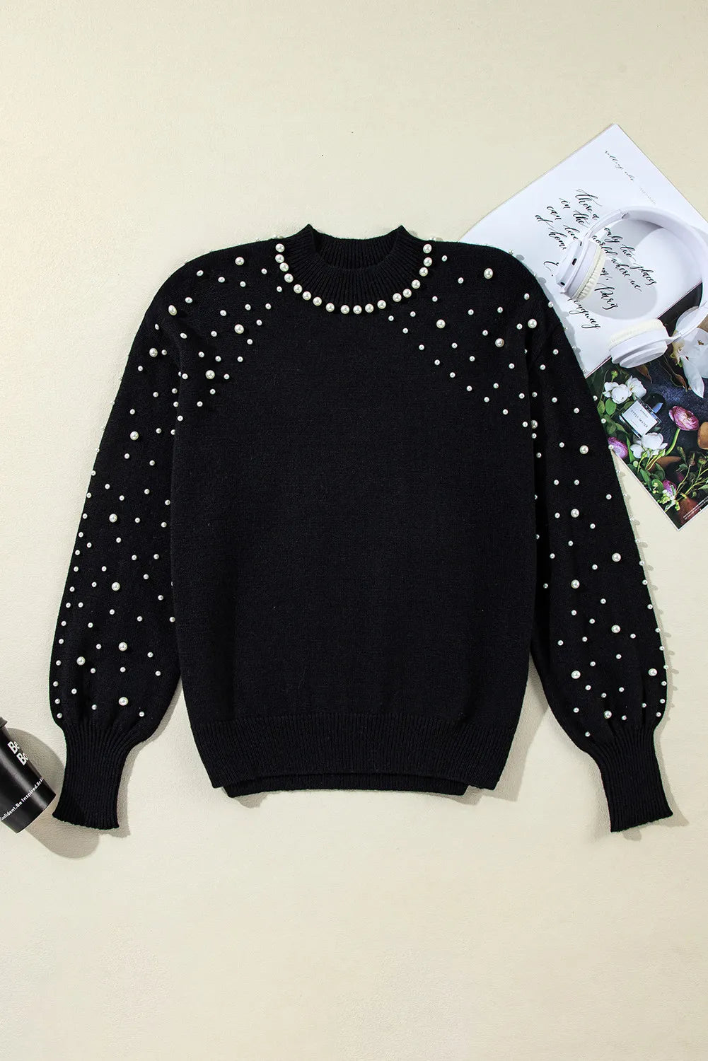 Pearl Detail Mock Neck Long Sleeve Sweater - The Goddess Galleries