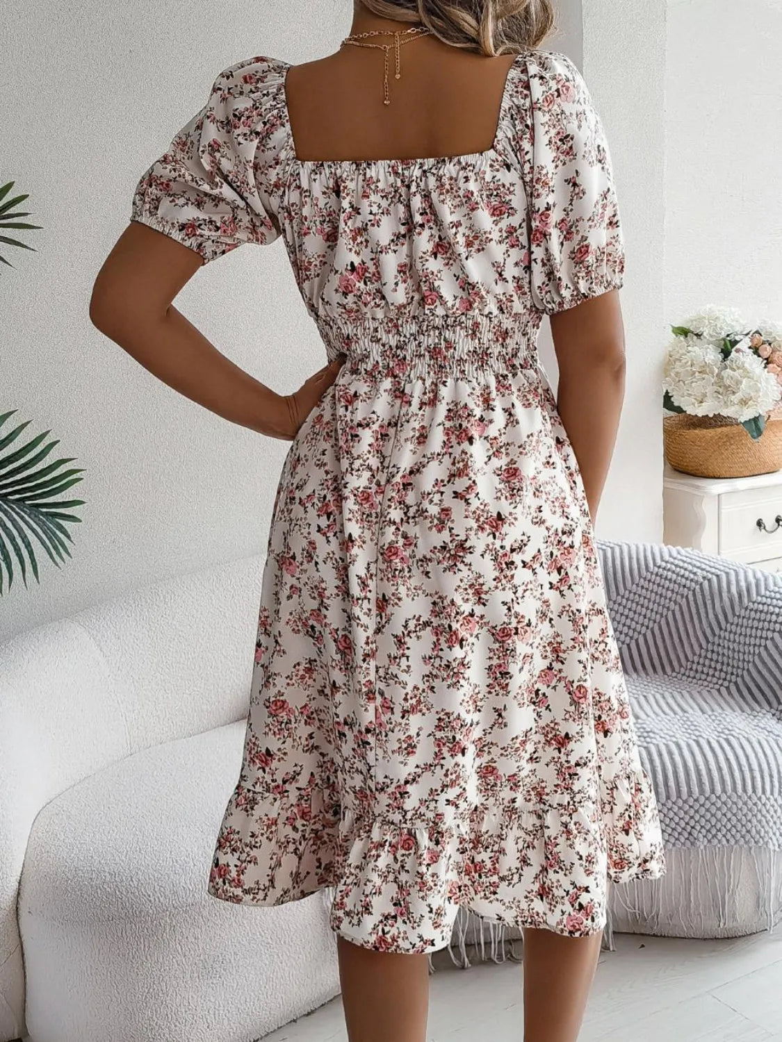 Ruffled Hem Floral Puff Sleeve Dress - The Goddess Galleries