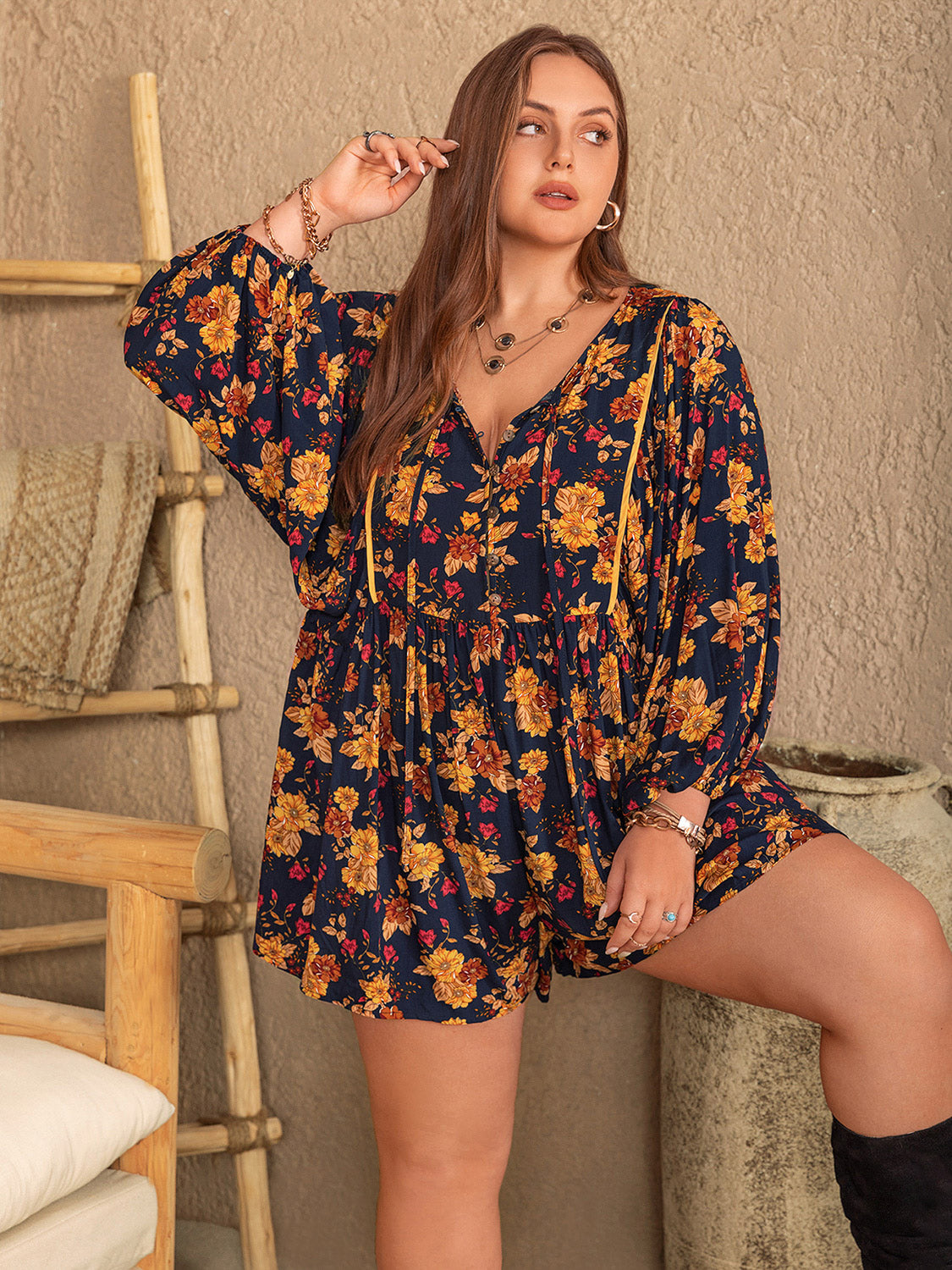 Plus Size Floral Tie Neck Balloon Sleeve Romper - The Goddess Galleries