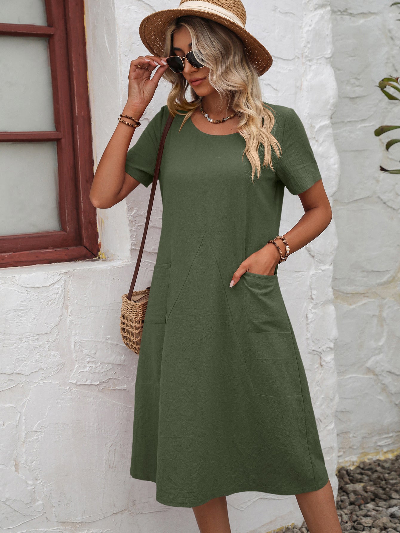 Ivy Lane Round Neck Short Sleeve Dress with Pockets - The Goddess Galleries
