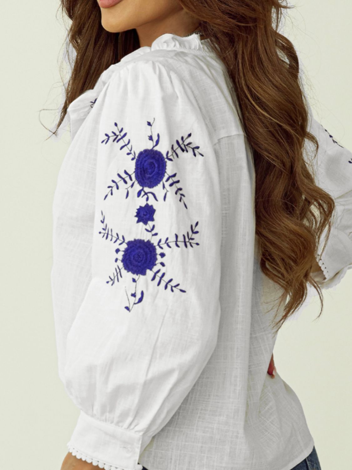 Frill Floral Embroidered Sleeve Shirt - The Goddess Galleries