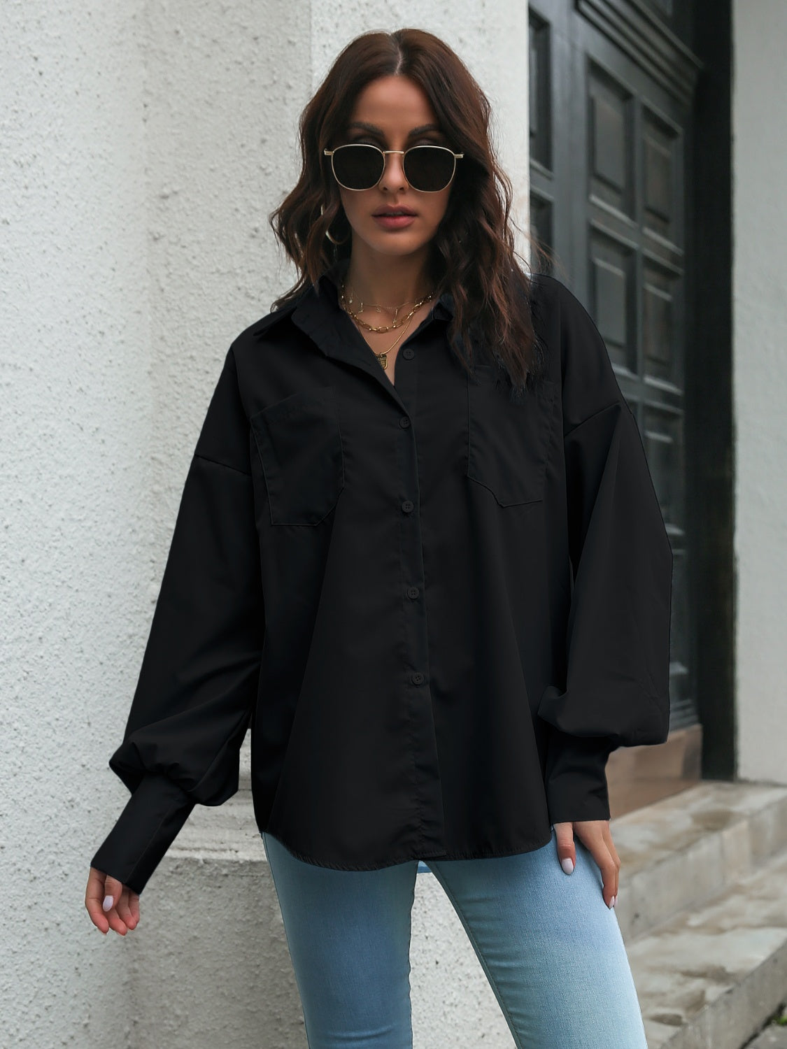 Collared Neck Dropped Shoulder Buttoned Shirt - The Goddess Galleries