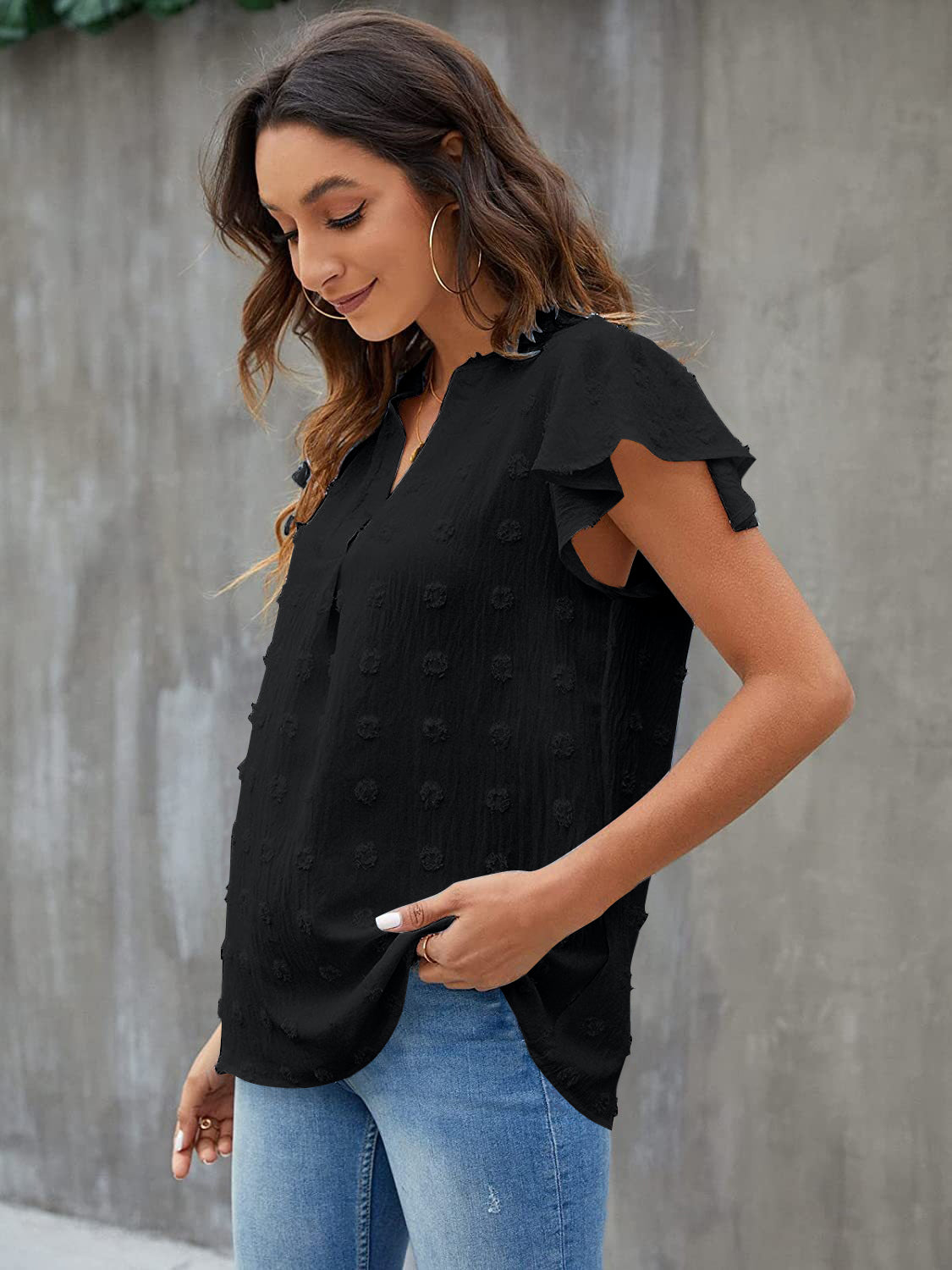 Swiss Dot Notched Flutter Sleeve Blouse - The Goddess Galleries