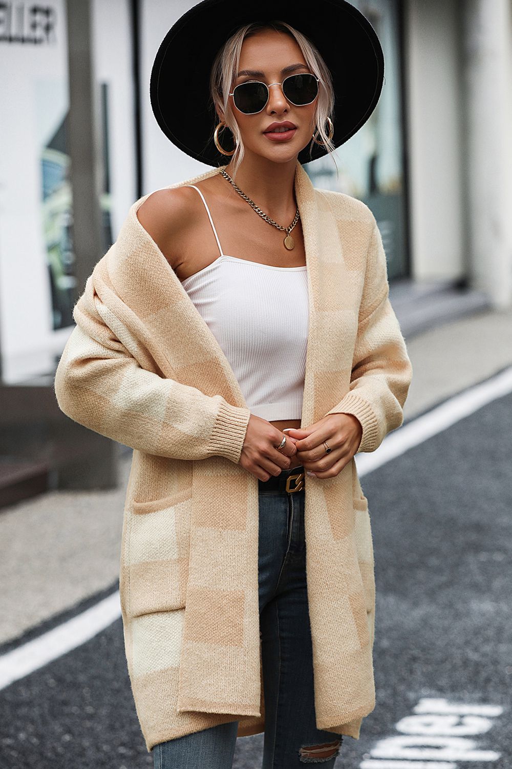 Plaid Dropped Shoulder Cardigan with Pocket - The Goddess Galleries
