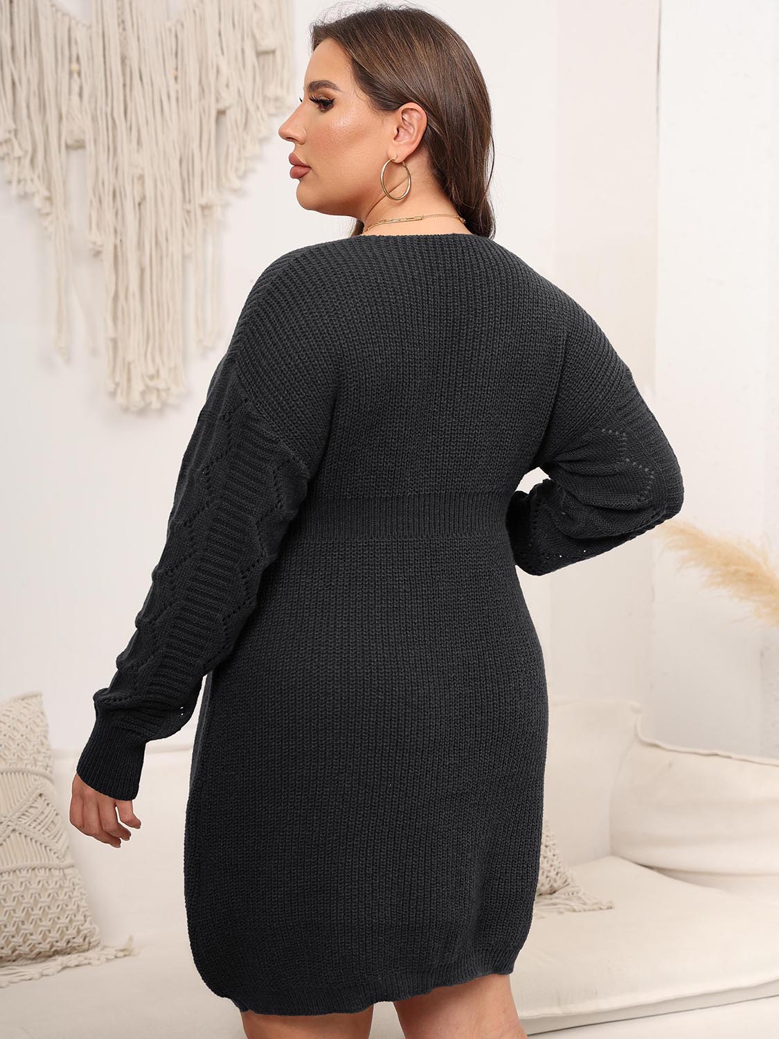 Plus Size Dropped Shoulder Long Sleeve Knit Mini Dress - The Goddess Galleries