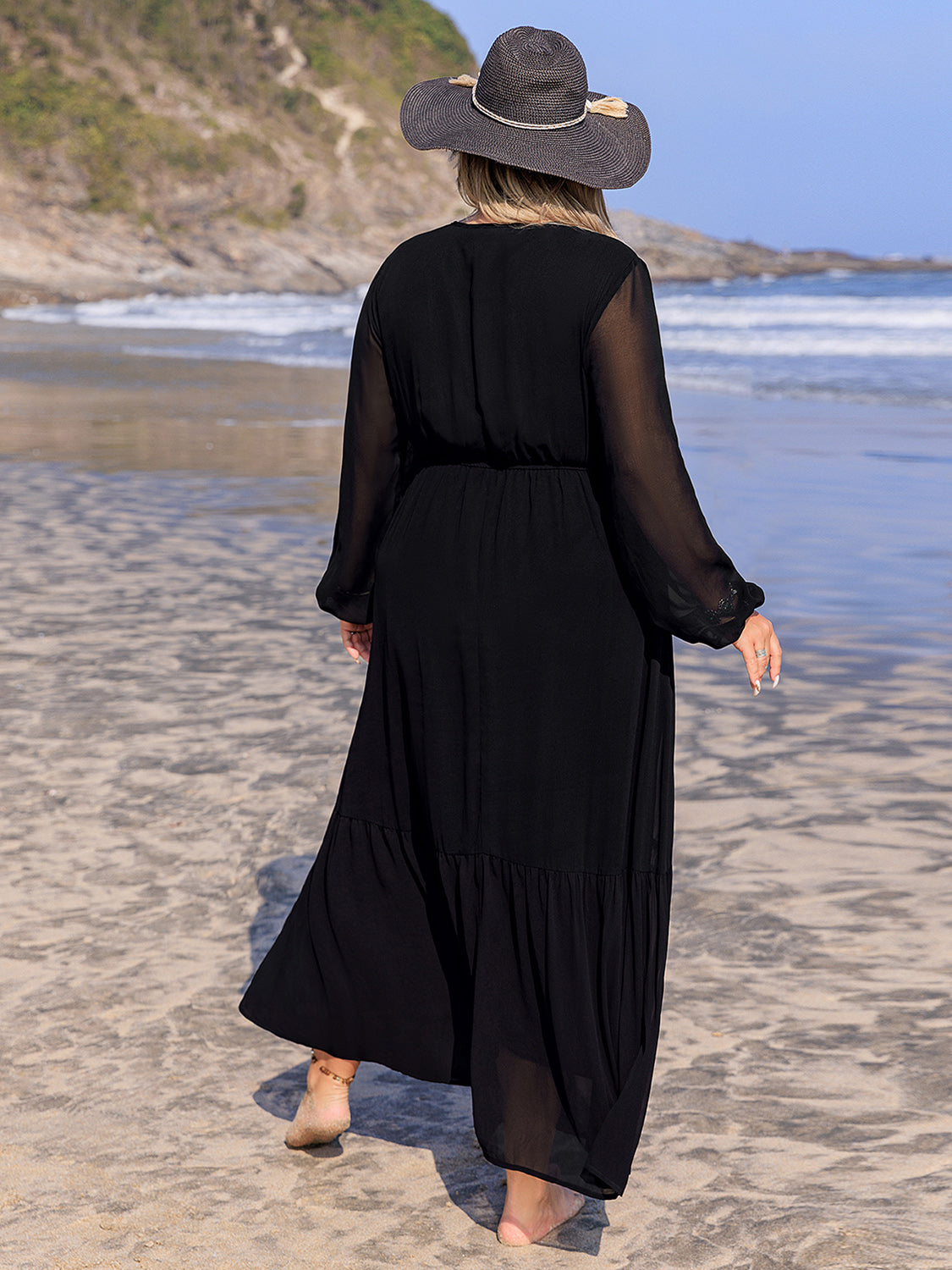 Plus Size Embroidered Tie Neck Long Sleeve Dress - The Goddess Galleries