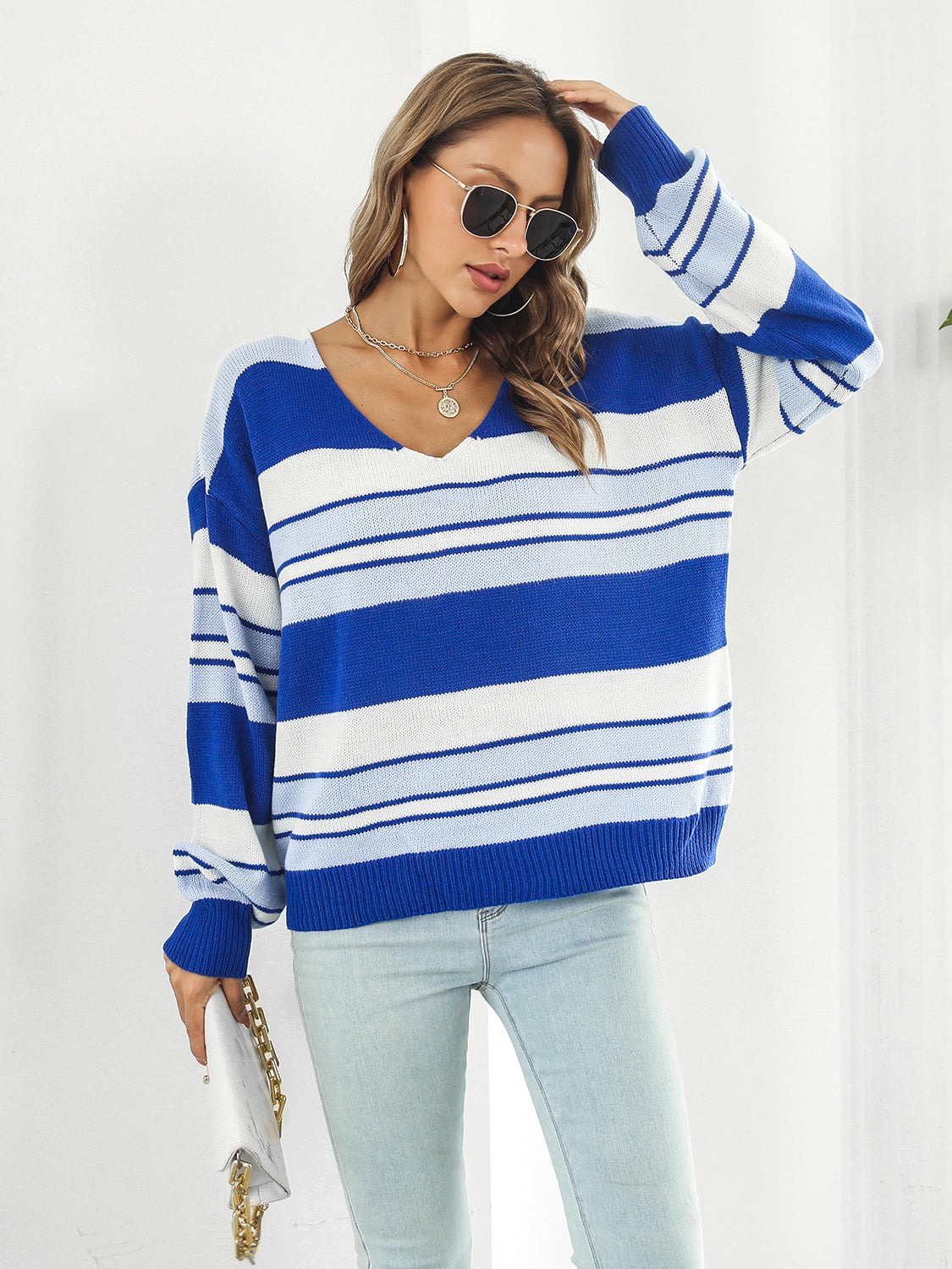 Striped V-Neck Long Sleeve Knit Top - The Goddess Galleries