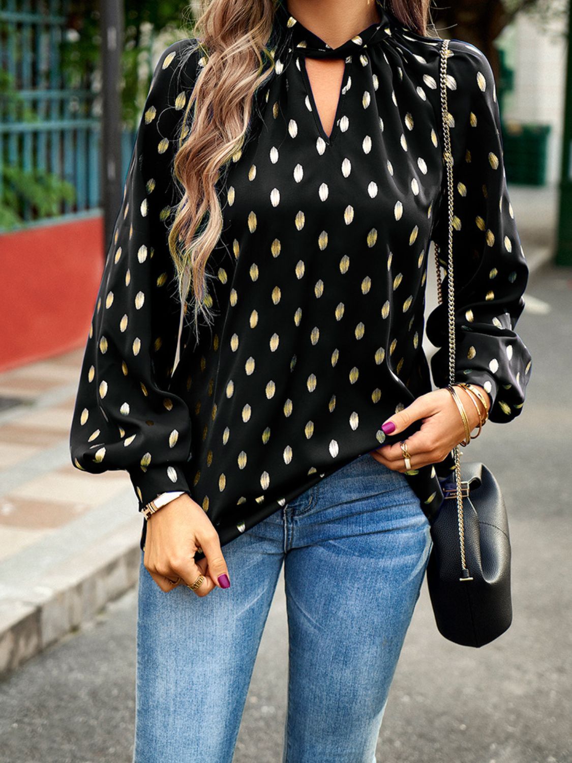 Devine Mock Neck Cutout Lantern Sleeve Blouse - The Goddess Galleries