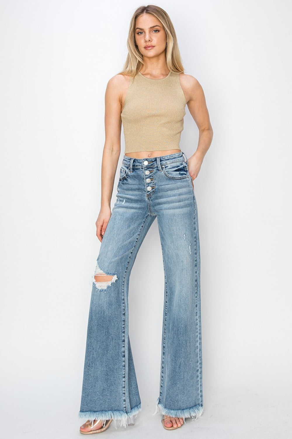 RISEN Mid Rise Button Fly Wide Leg Jeans - The Goddess Galleries