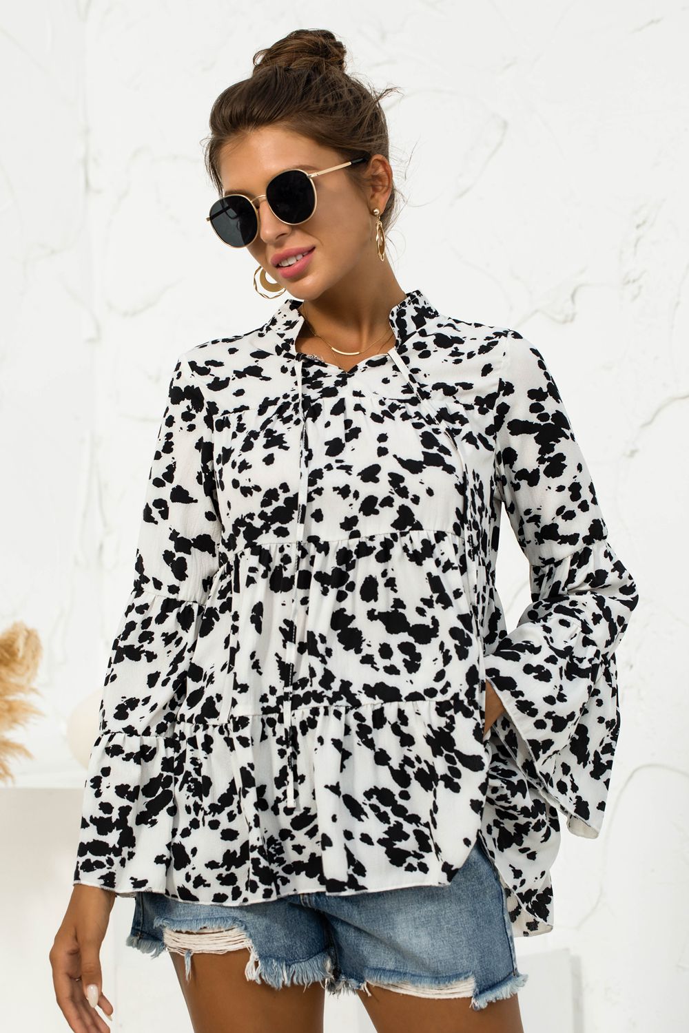 Printed Flare Sleeve Tie Neck Ruffle Trim Blouse - The Goddess Galleries