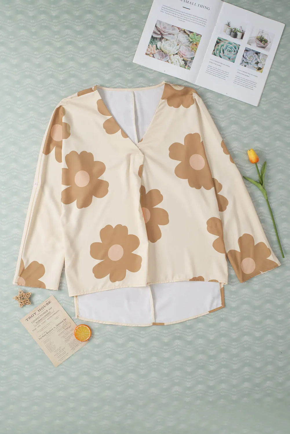 Slit Printed V-Neck Blouse - The Goddess Galleries
