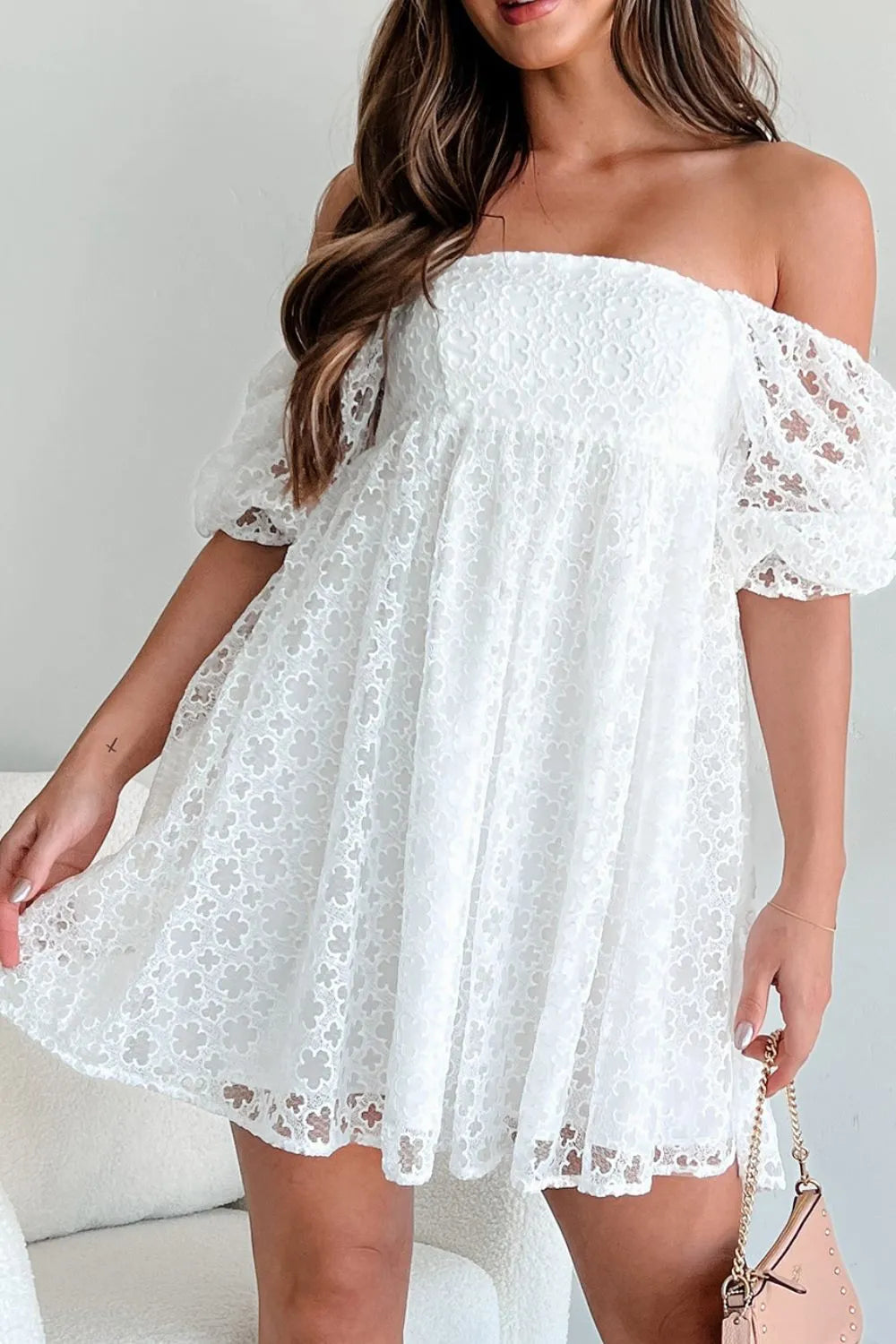 Lace Puff Sleeve Empire Waist Mini Dress - The Goddess Galleries