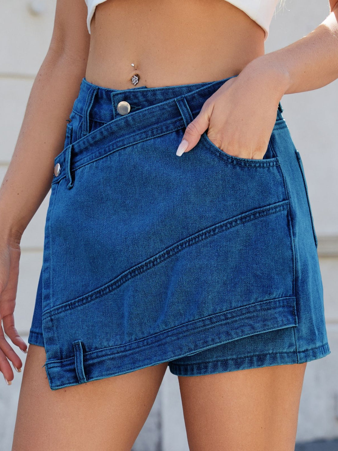 Asymmetrical Denim Skort with Pockets - The Goddess Galleries