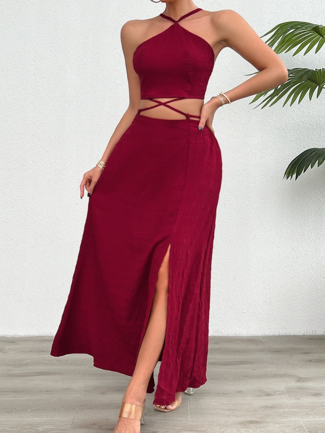 Devine Grecian Neck Top and Slit Skirt Set - The Goddess Galleries