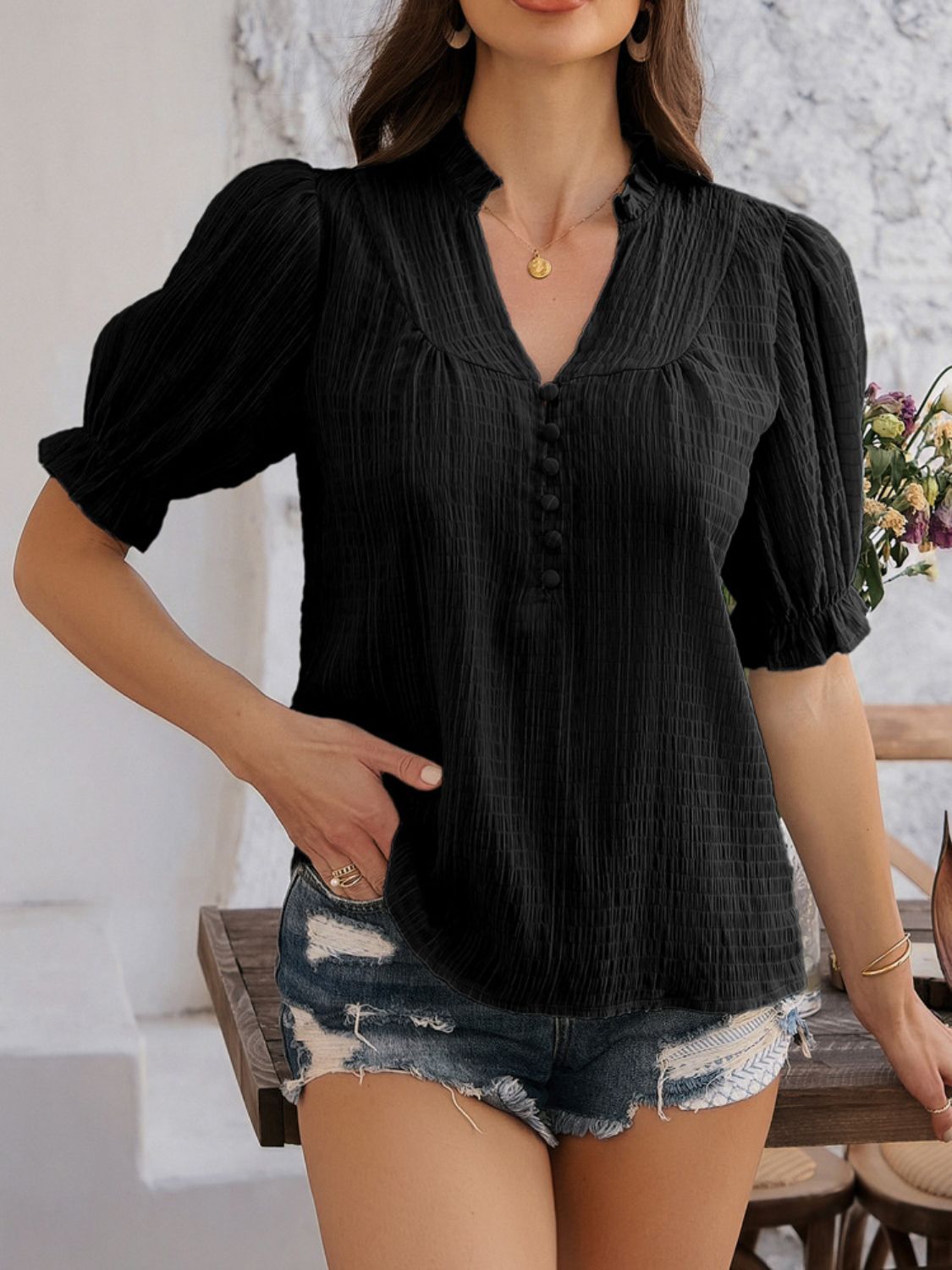 Devine Frill Notched Short Sleeve Blouse - The Goddess Galleries
