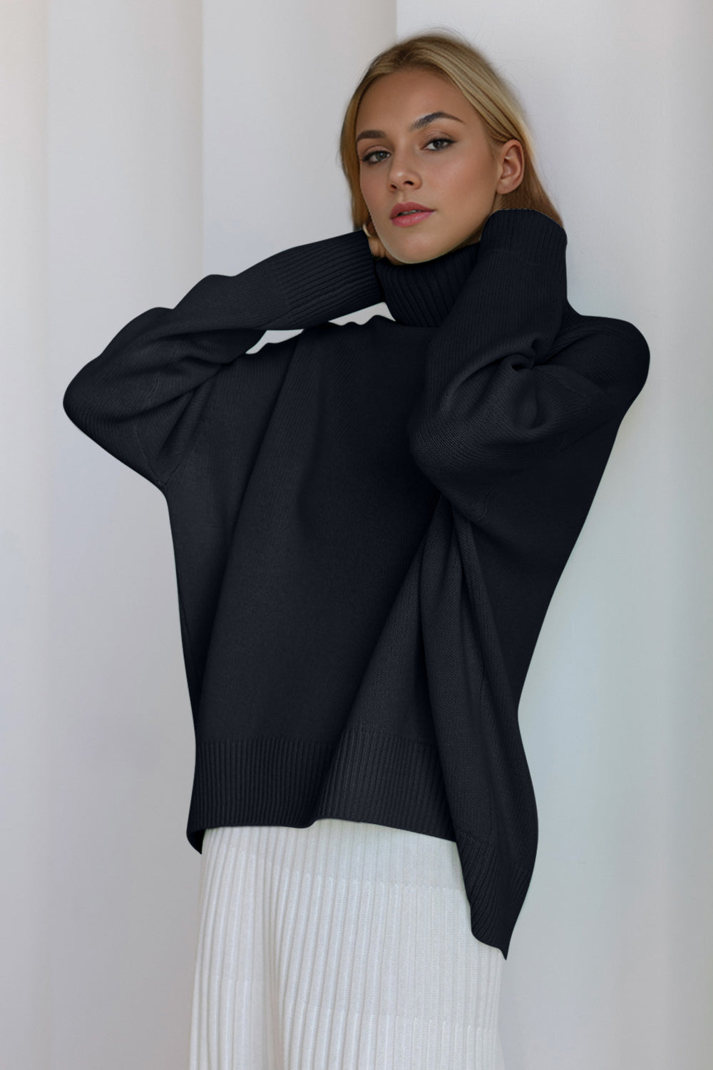 Basic Bae Turtleneck Dropped Shoulder Long Sleeve Sweater - The Goddess Galleries