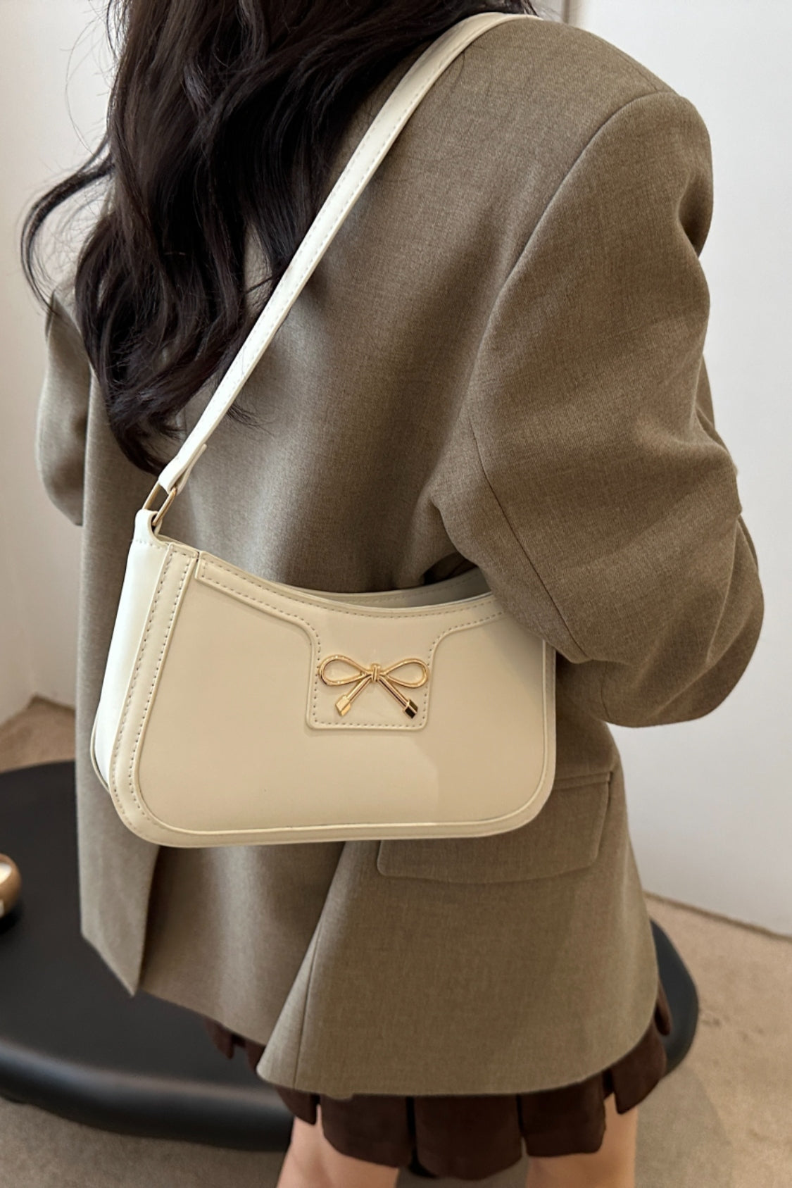 Bow Trim PU Leather Shoulder Bag - The Goddess Galleries
