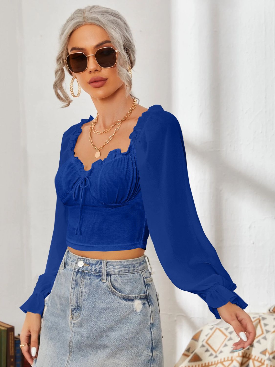 Mesh Sweetheart Neck Flounce Sleeve Top - The Goddess Galleries