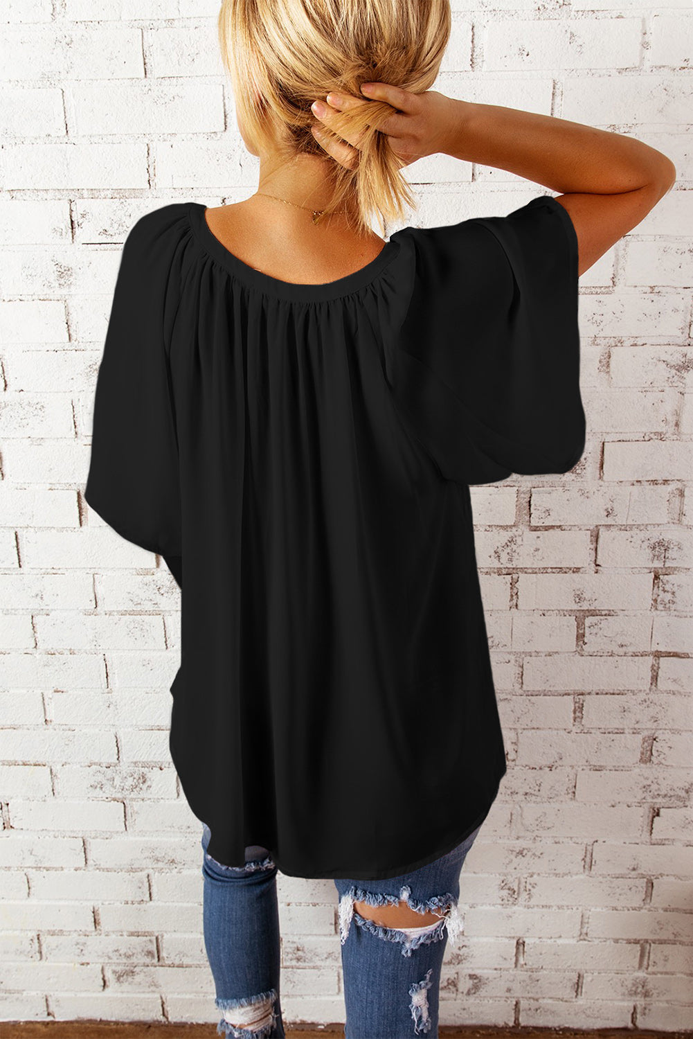 Gathered Detail Notched Neck Flutter Sleeve Top - The Goddess Galleries