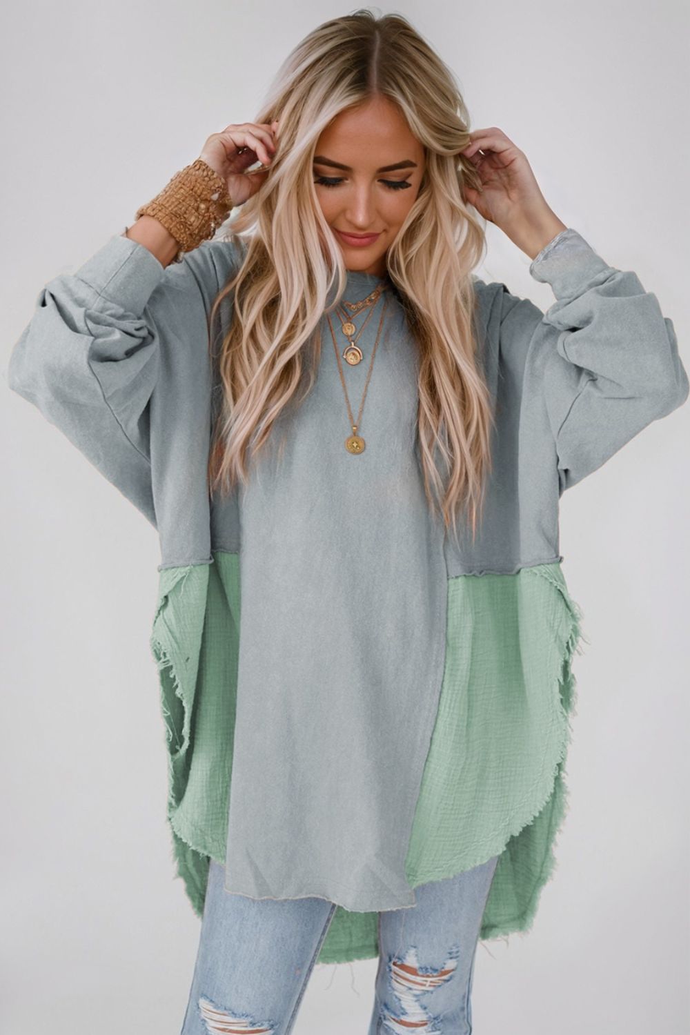 Contrast Texture Round Neck Long Sleeve Blouse - The Goddess Galleries