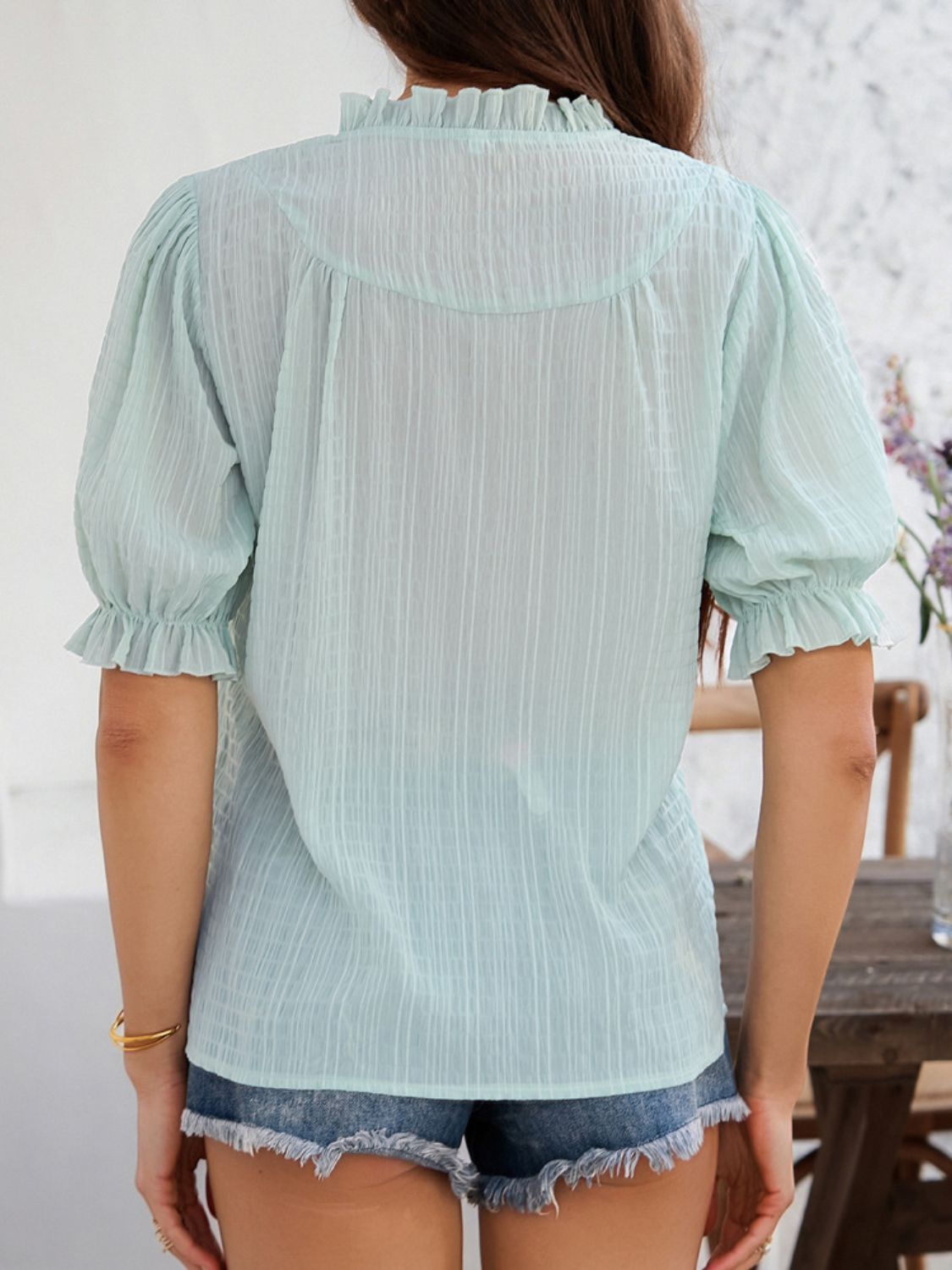 Devine Frill Notched Short Sleeve Blouse - The Goddess Galleries