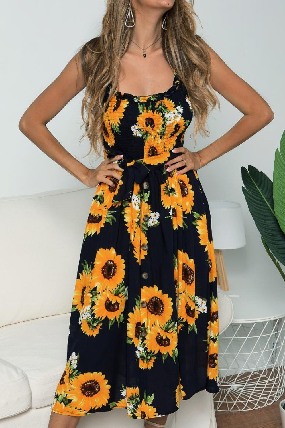 Smocked Sunflower Printed Sleeveless Cami Dress - The Goddess Galleries
