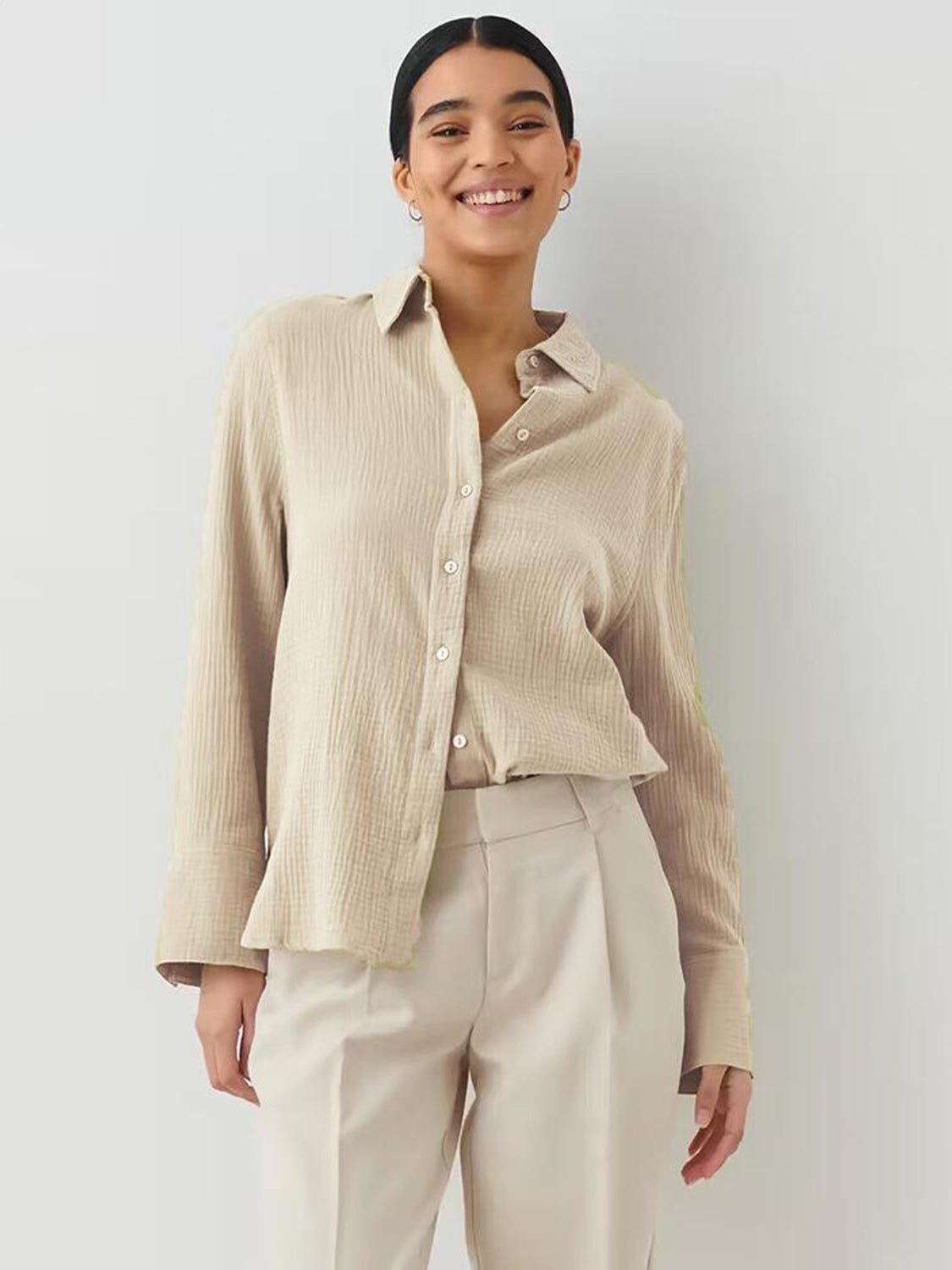 Textured Collared Neck Long Sleeve Shirt - The Goddess Galleries