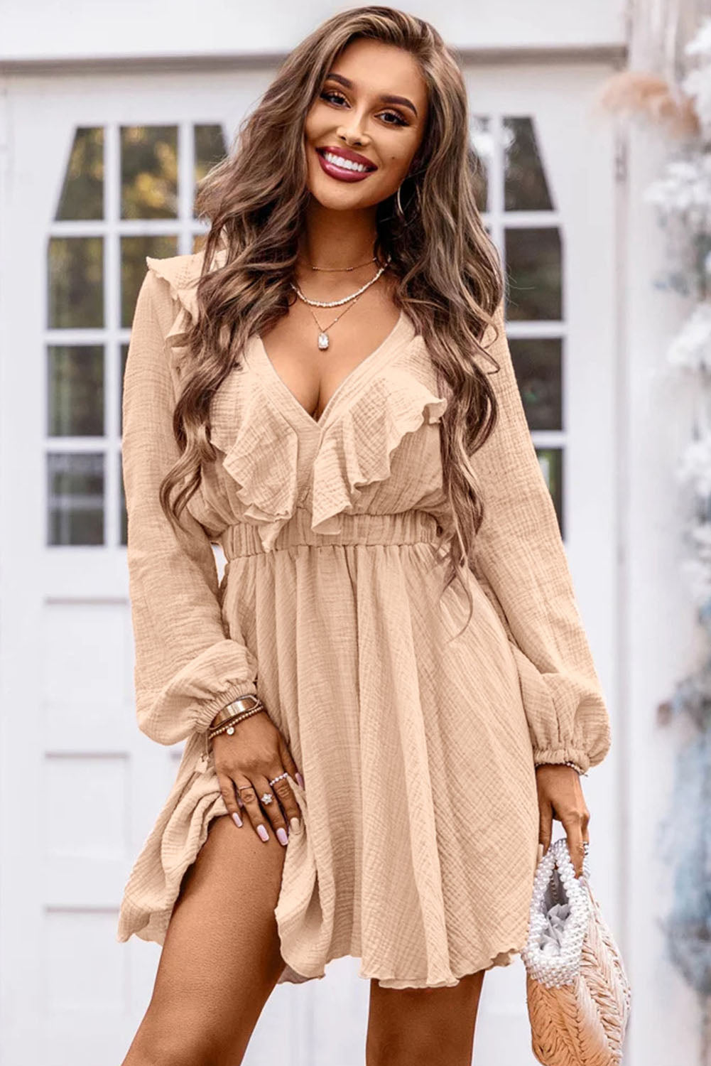 Ruffle Trim V-Neck Long Sleeve Mini Dress - The Goddess Galleries