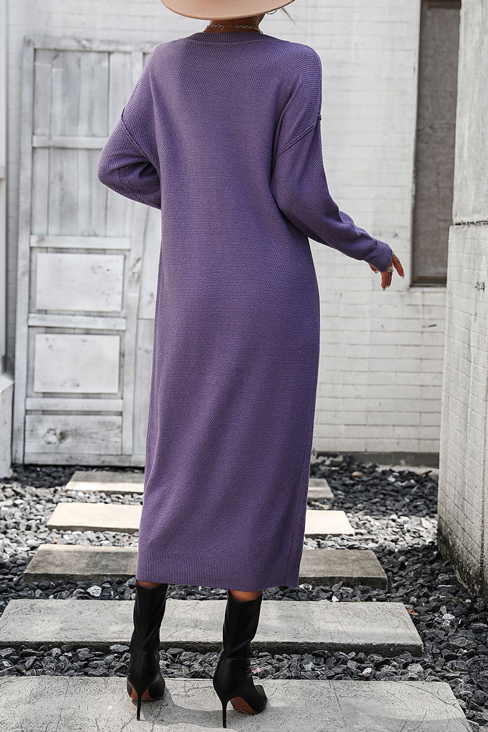 Decorative Button Notched Dropped Shoulder Sweater Dress - The Goddess Galleries