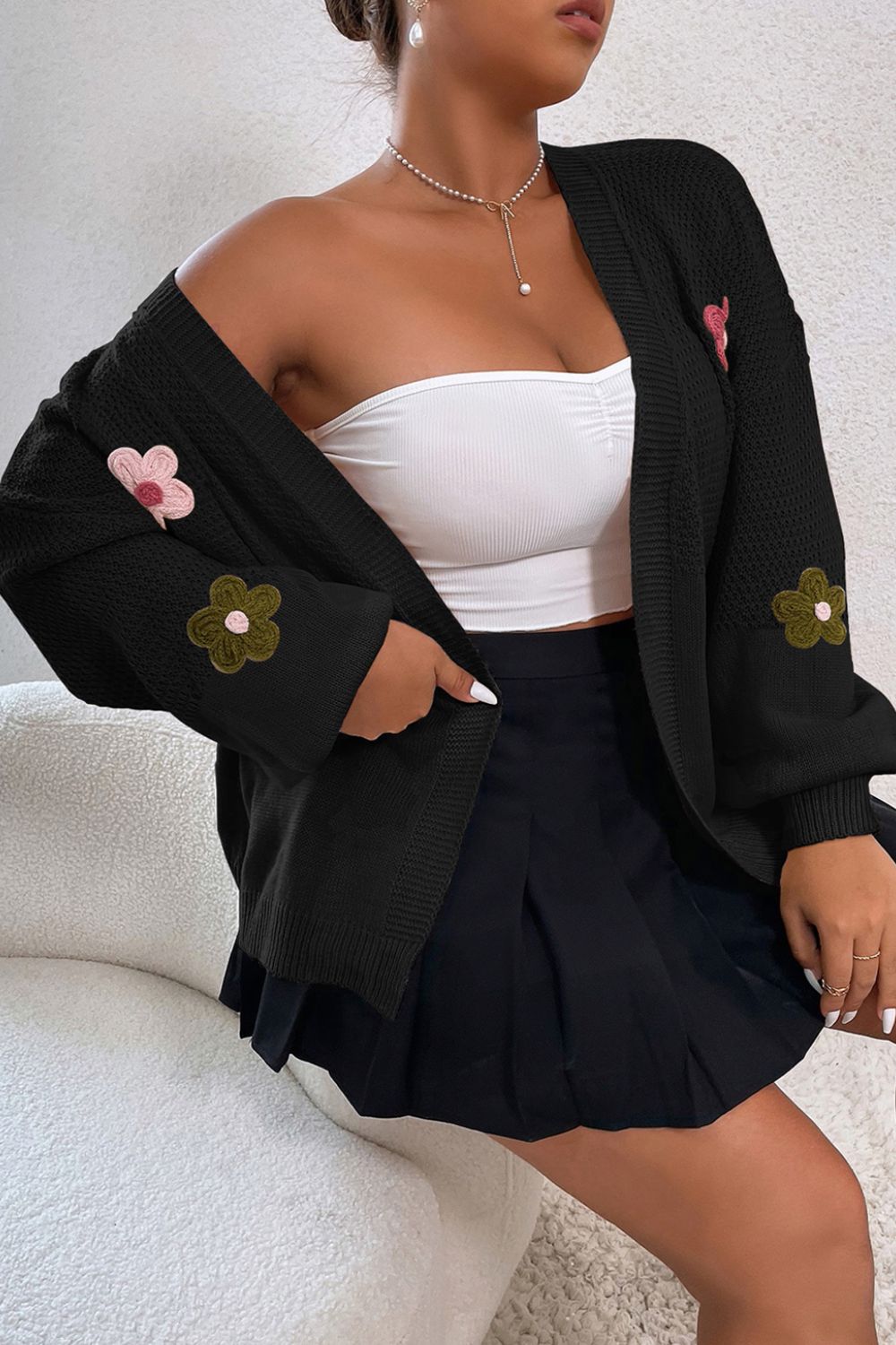 Floral Applique Drop Shoulder Open Front Cardigan - The Goddess Galleries