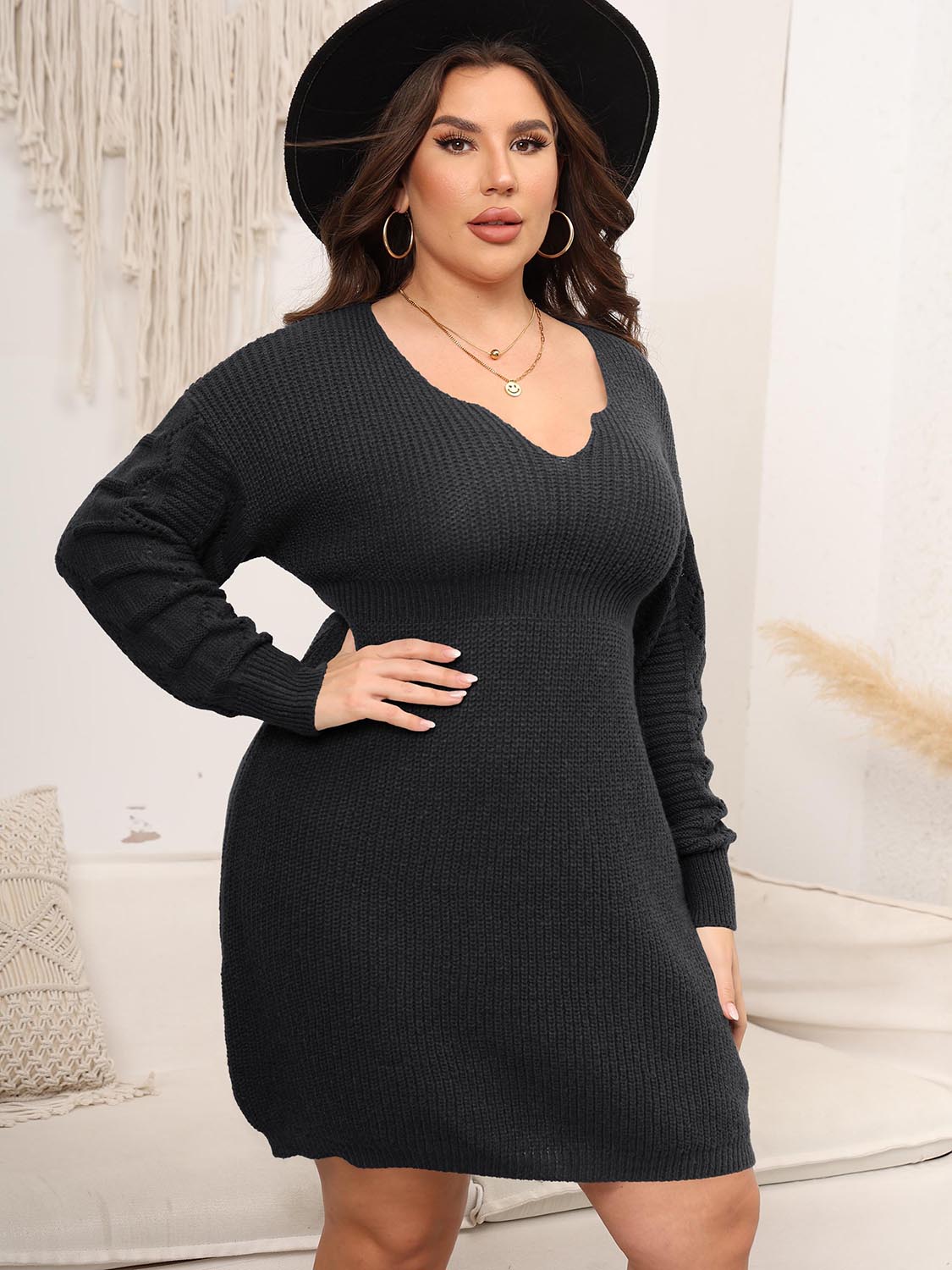 Plus Size Dropped Shoulder Long Sleeve Knit Mini Dress - The Goddess Galleries