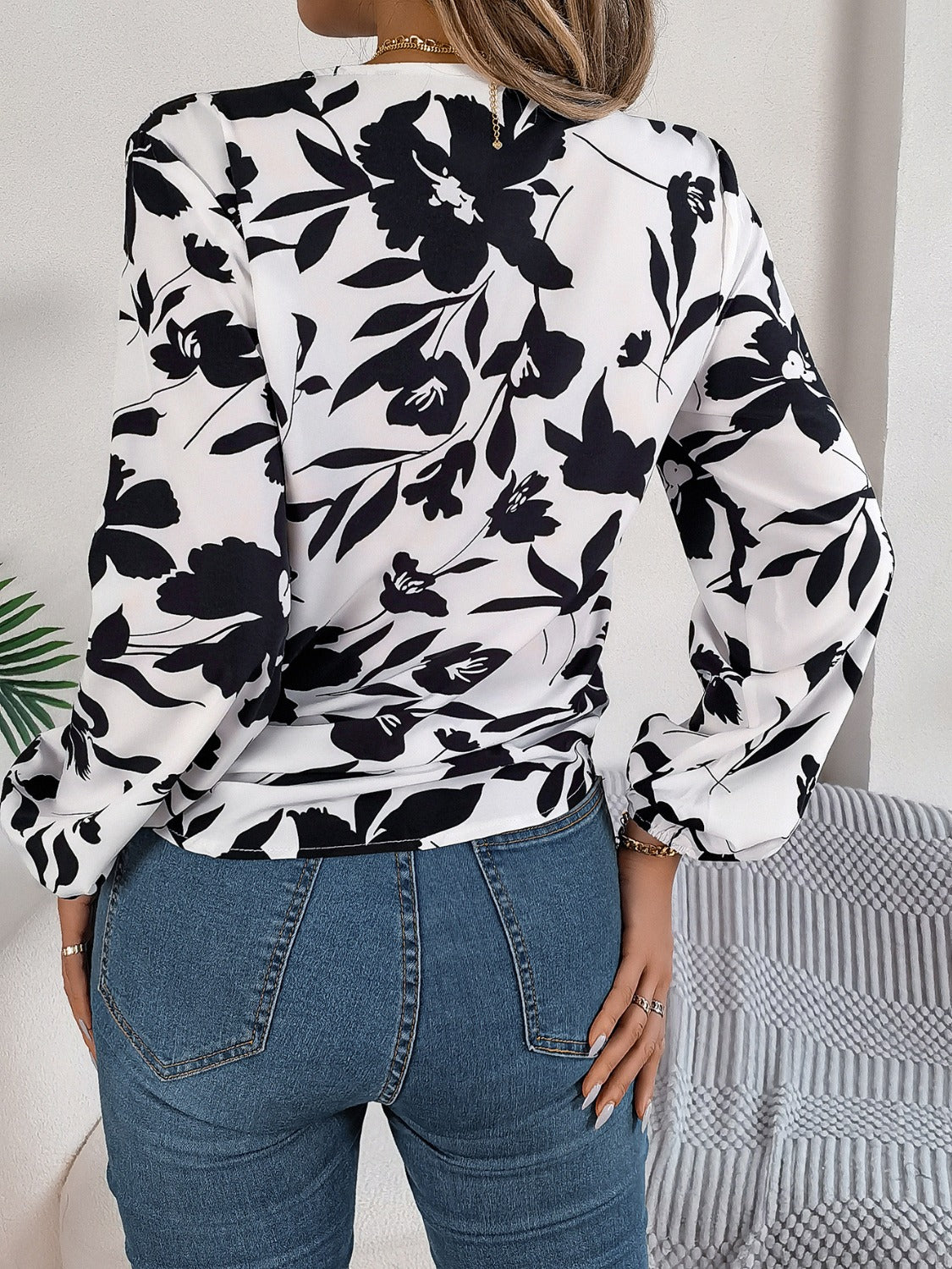 Printed V-Neck Long Sleeve Blouse - The Goddess Galleries
