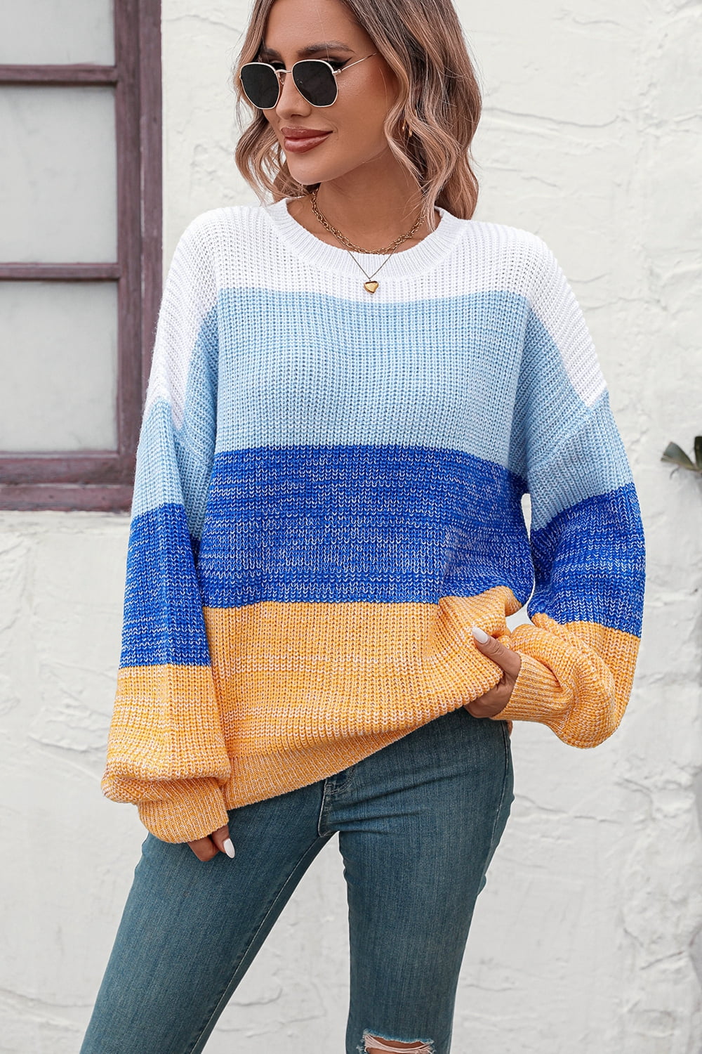 Round Neck Color Block Ribbed Pullover Sweater - The Goddess Galleries