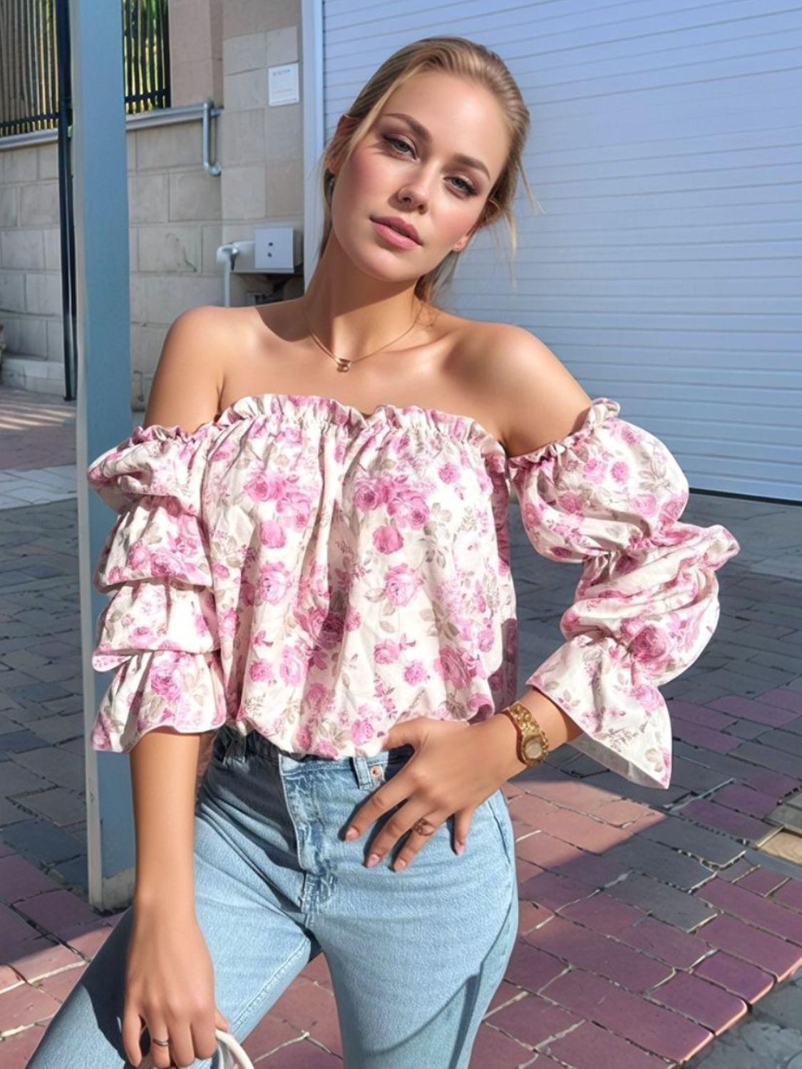 Printed Off-Shoulder Flounce Sleeve Blouse - The Goddess Galleries