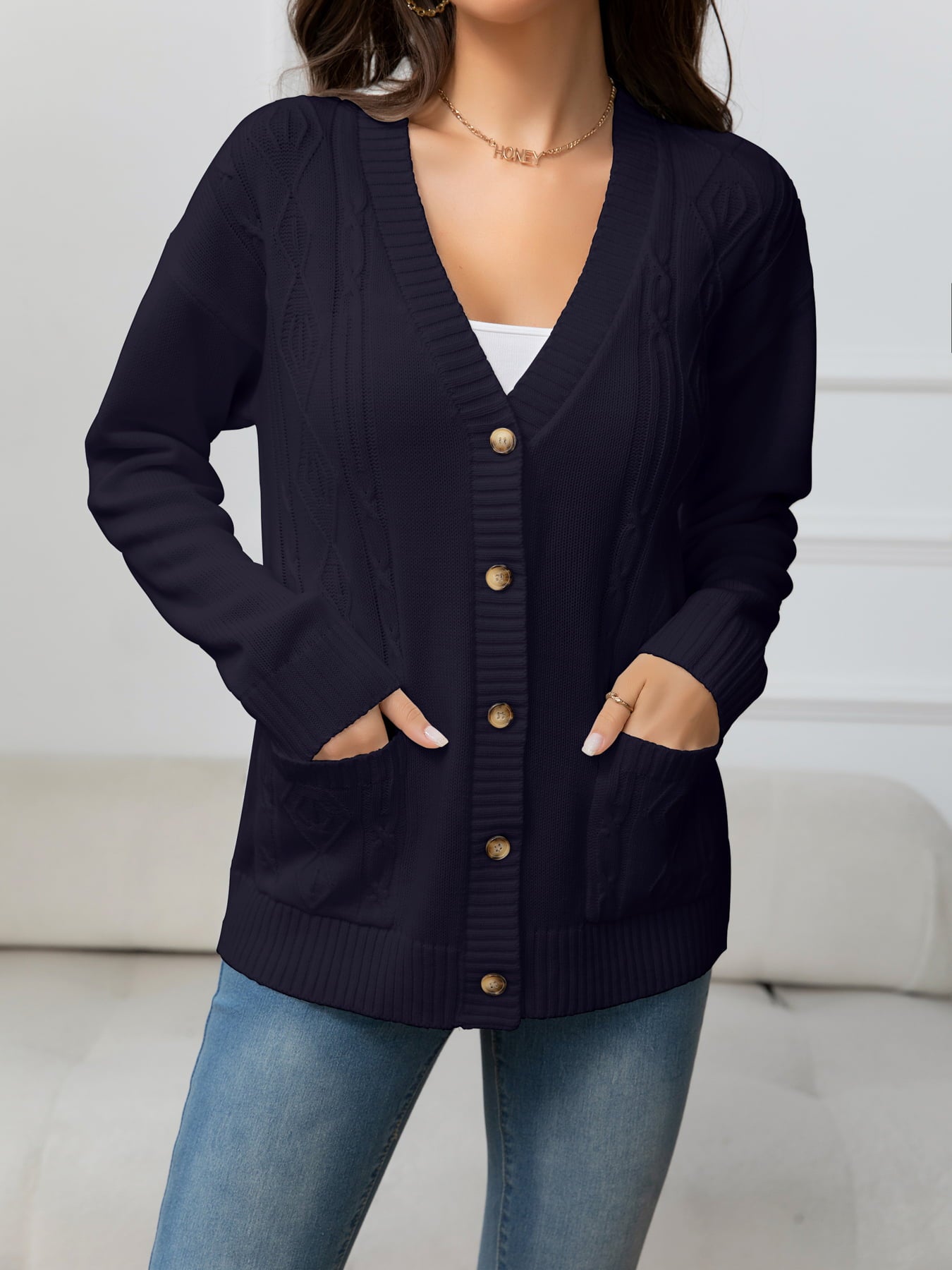 V-Neck Long Sleeve Buttoned Knit Top with Pocket - The Goddess Galleries