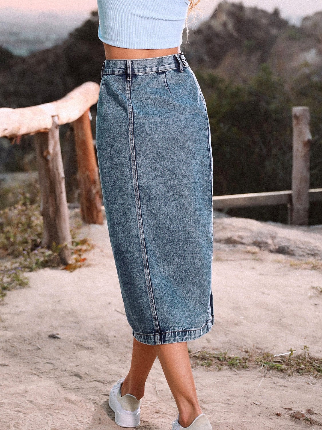 Button Down Denim Skirt - The Goddess Galleries