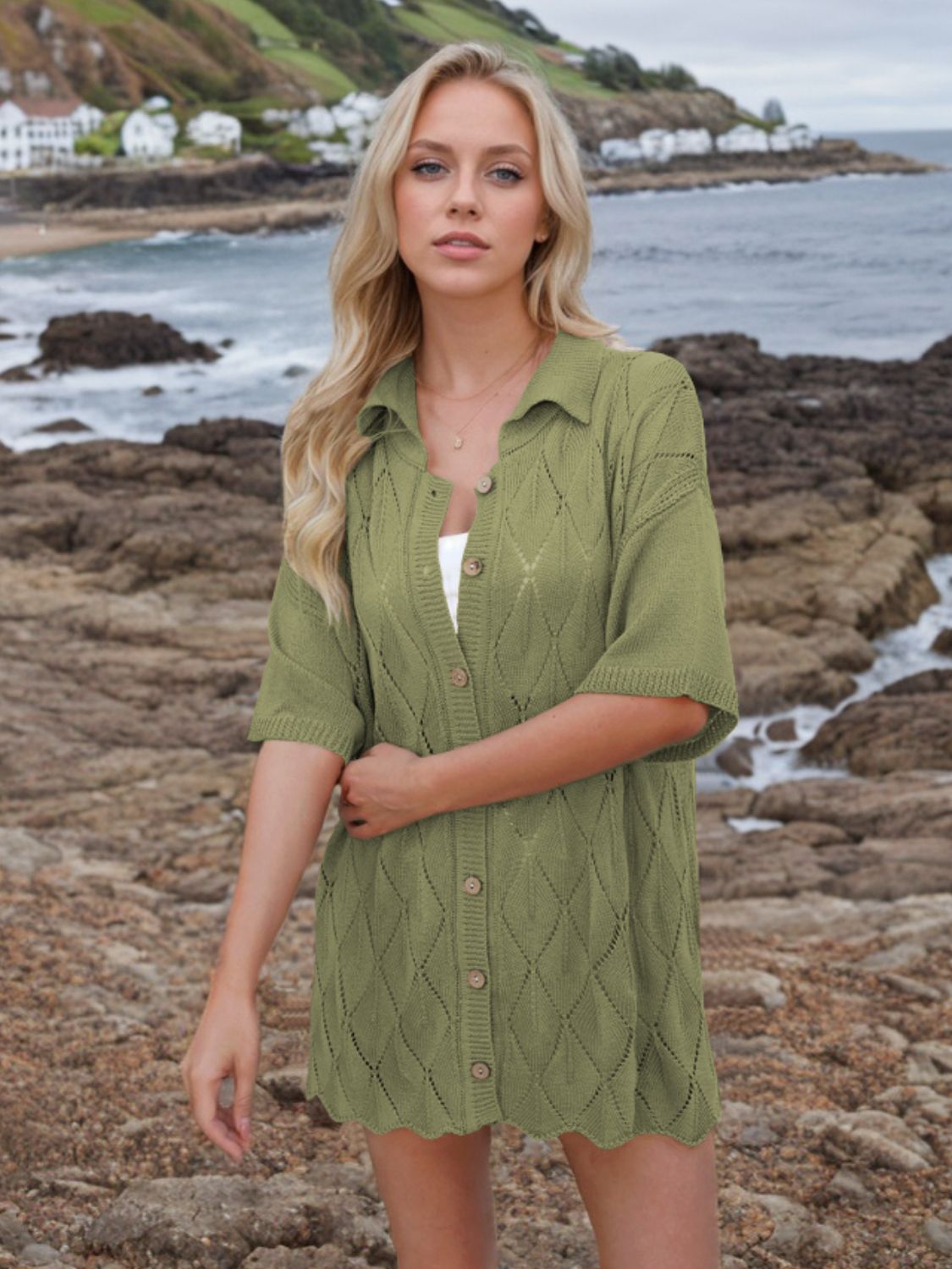 Button Down Eyelet Collared Neck Knit Shirt - The Goddess Galleries