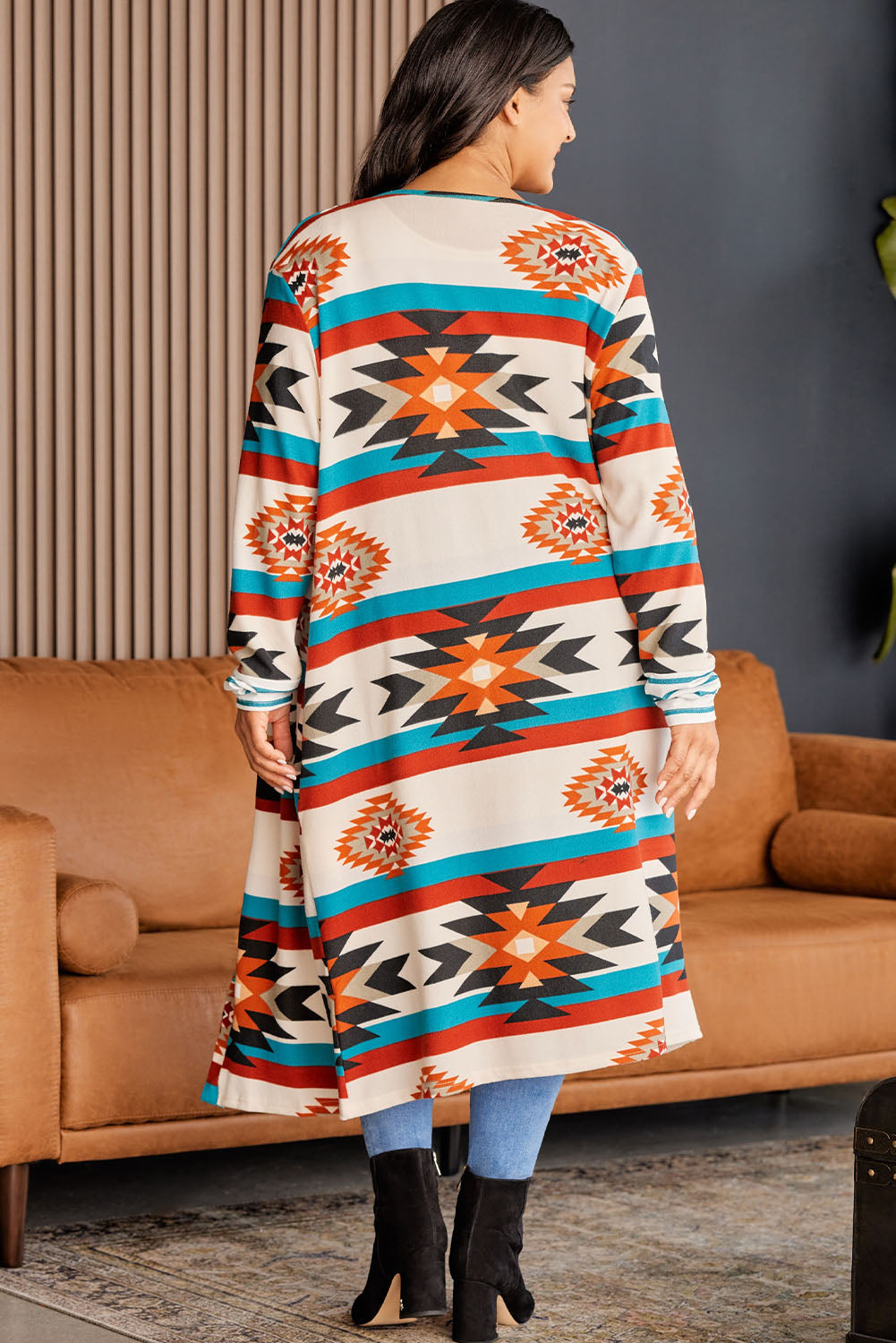 Plus Size Geometric Open Front Longline Cardigan - The Goddess Galleries