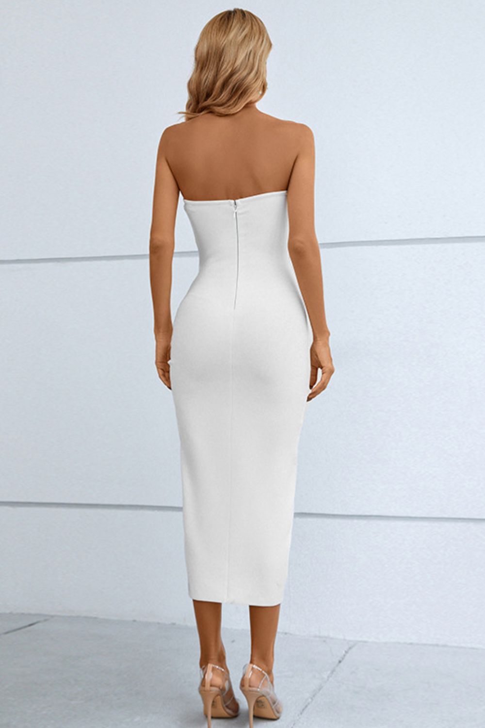 Cutout Strapless Drawstring Detail Split Bandage Dress - The Goddess Galleries