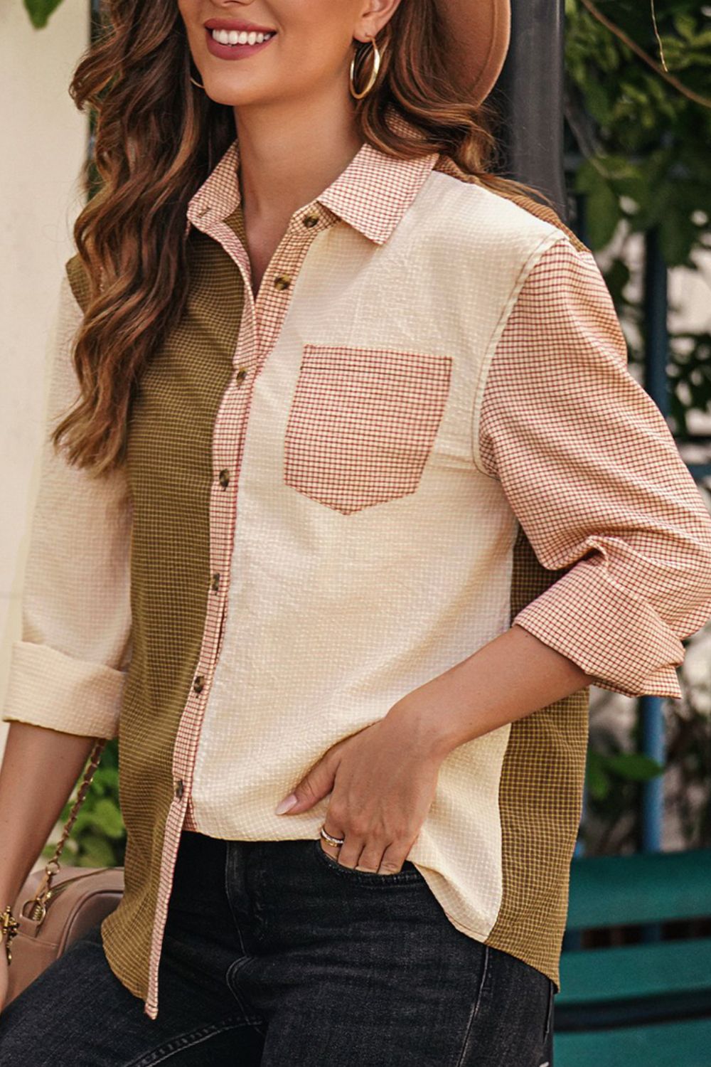 Contrast Plaid Button Down Long Sleeve Shirt - The Goddess Galleries