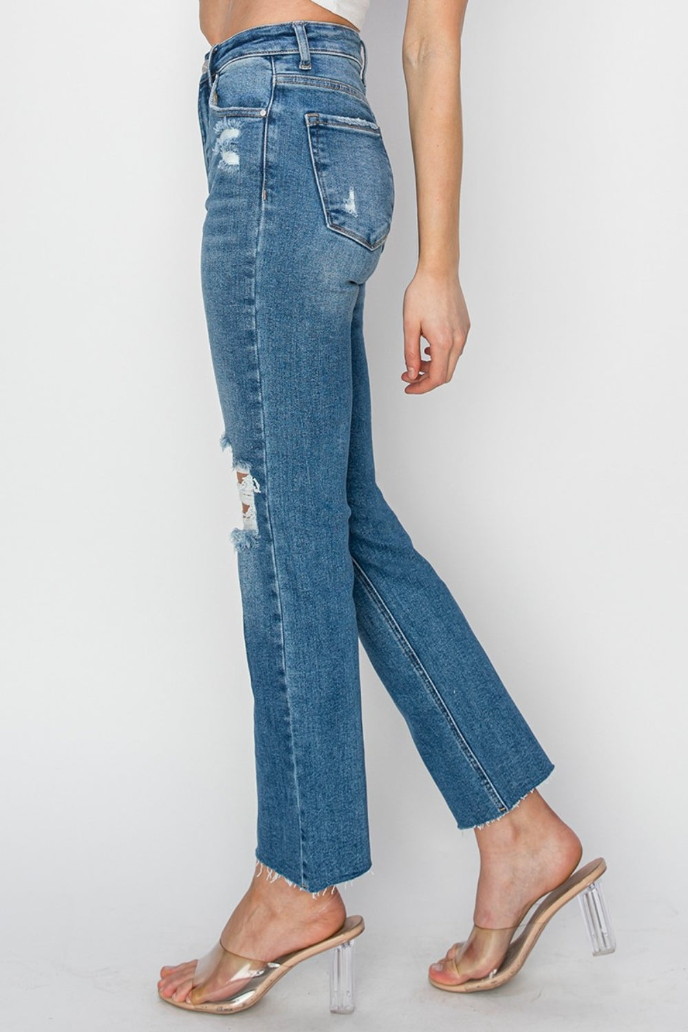 RISEN High Rise Distressed Ankle Jeans - The Goddess Galleries