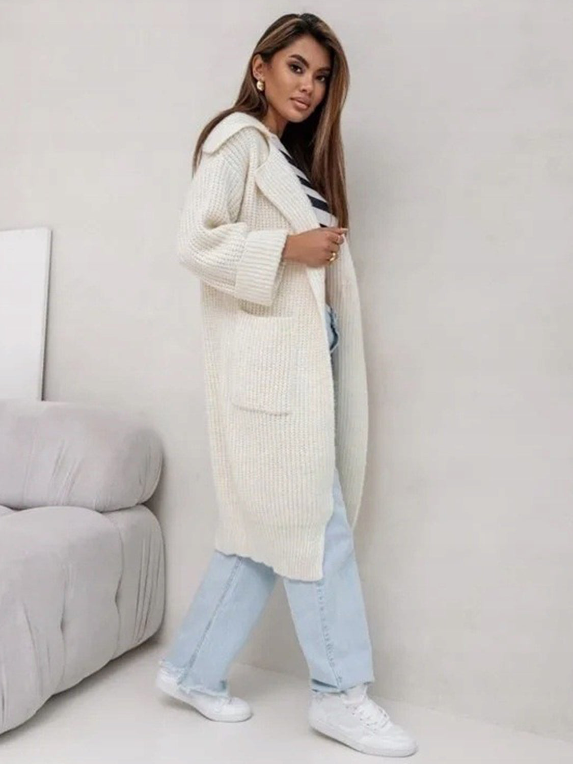 Pocketed Collared Neck Dropped Shoulder Cardigan - The Goddess Galleries