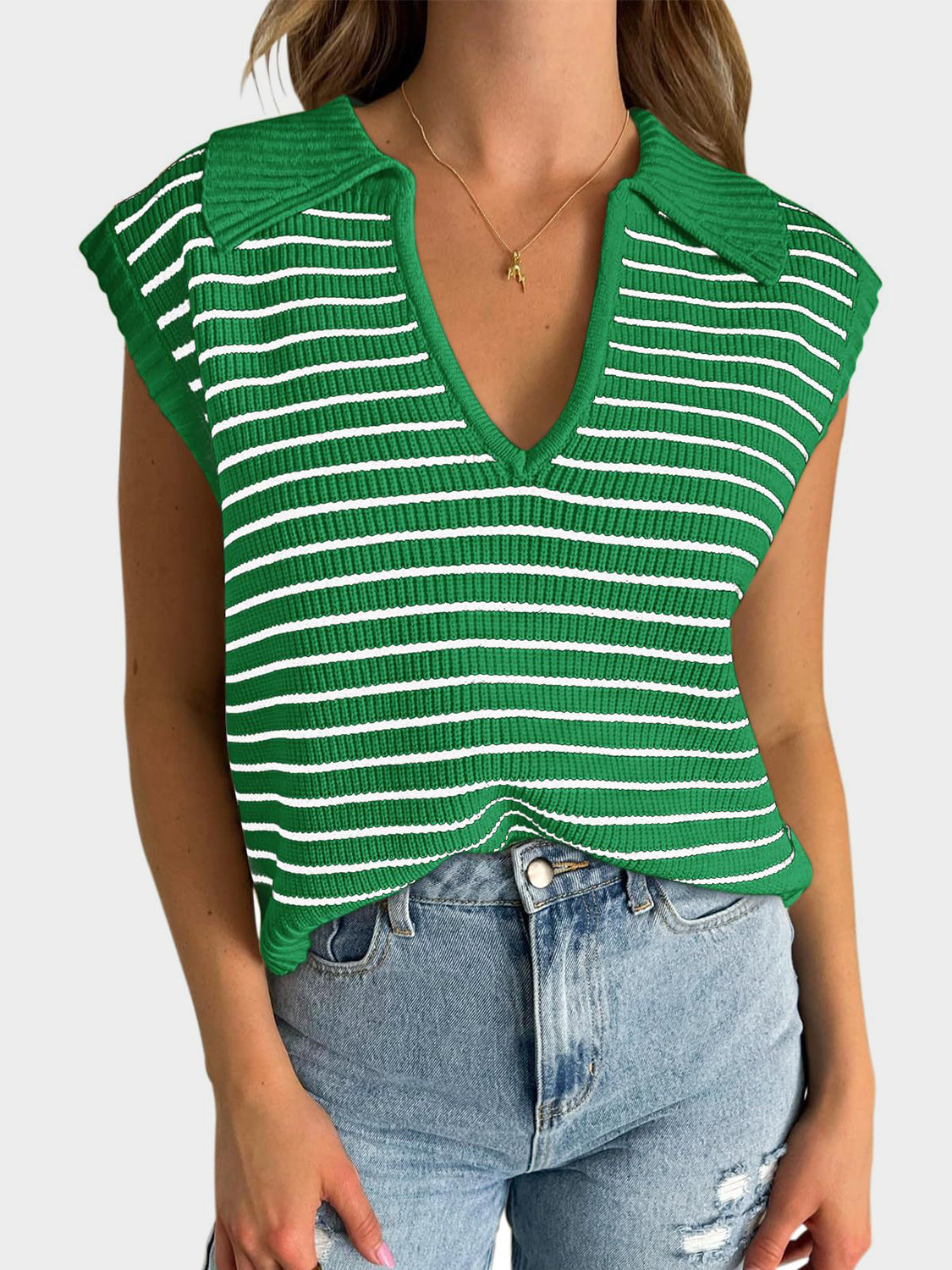 Mandy Collared Neck Striped Sweater Vest - The Goddess Galleries