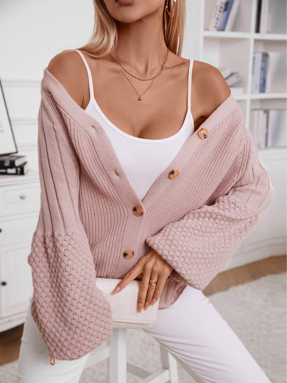 V-Neck Button Up Raglan Sleeve Cardigan - The Goddess Galleries