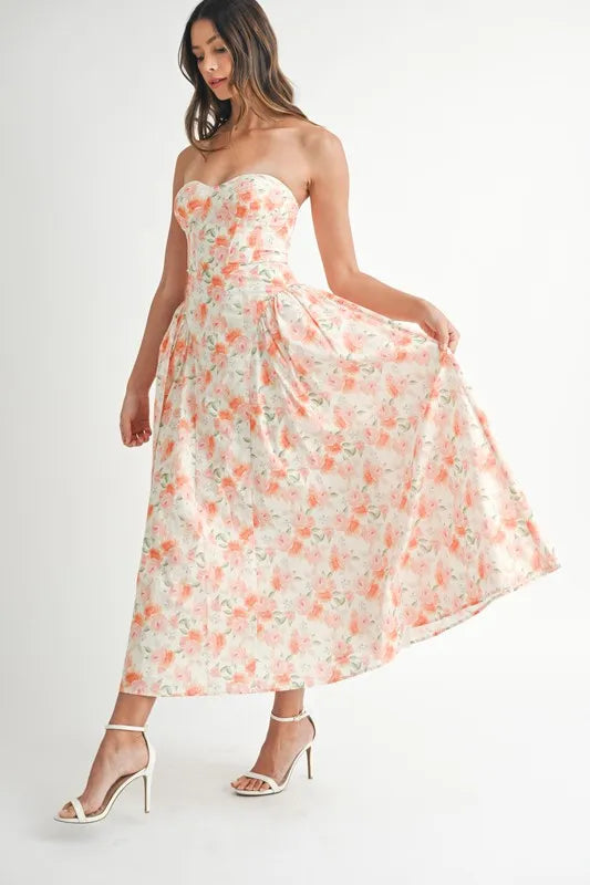 MABLE Sweetheart Neckline Floral Printed Midi Dress - The Goddess Galleries
