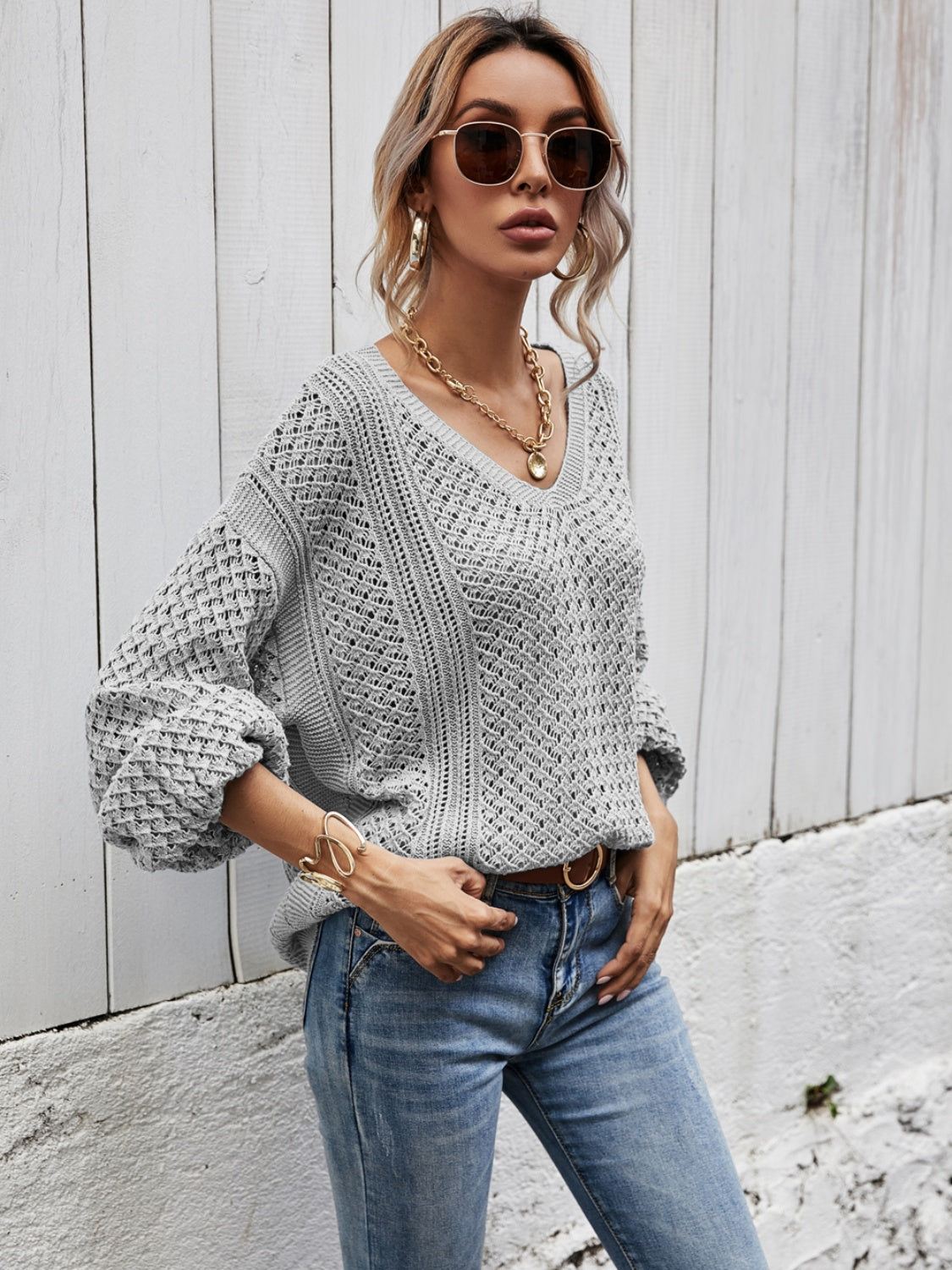 Angel Wings V-Neck Dropped Shoulder Sweater - The Goddess Galleries