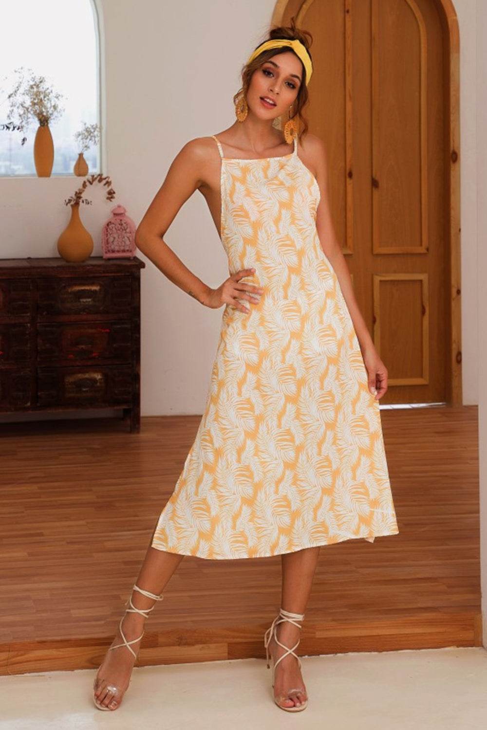 Slit Crisscross Printed Sleeveless Cami Dress - The Goddess Galleries