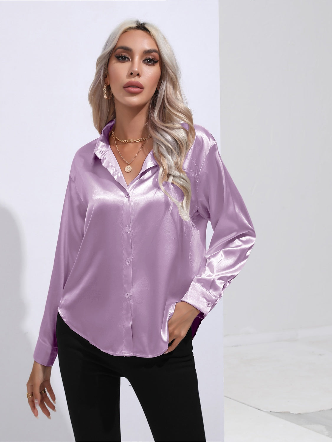 Collared Neck Buttoned Long Sleeve Shirt - The Goddess Galleries
